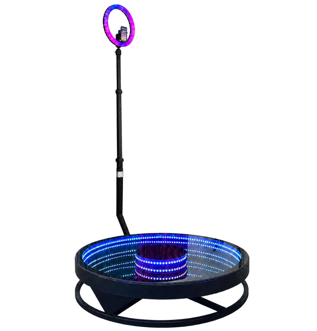 360 video booth with mirrored LED platform, upright camera arm and purple ring light.