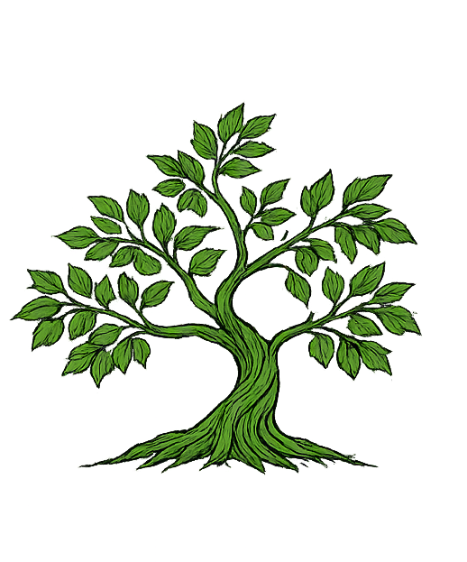 Illustration of a mature green tree with a strong, twisting trunk.