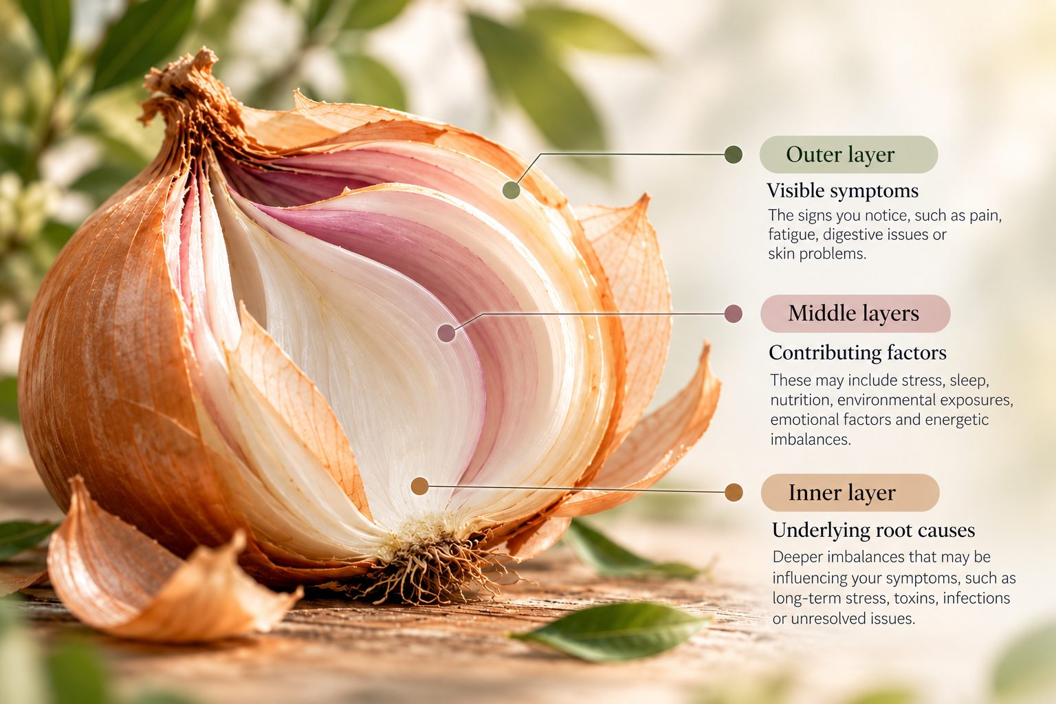 Onion illustration with arrows showing visible symptoms, contributing factors and deeper influences