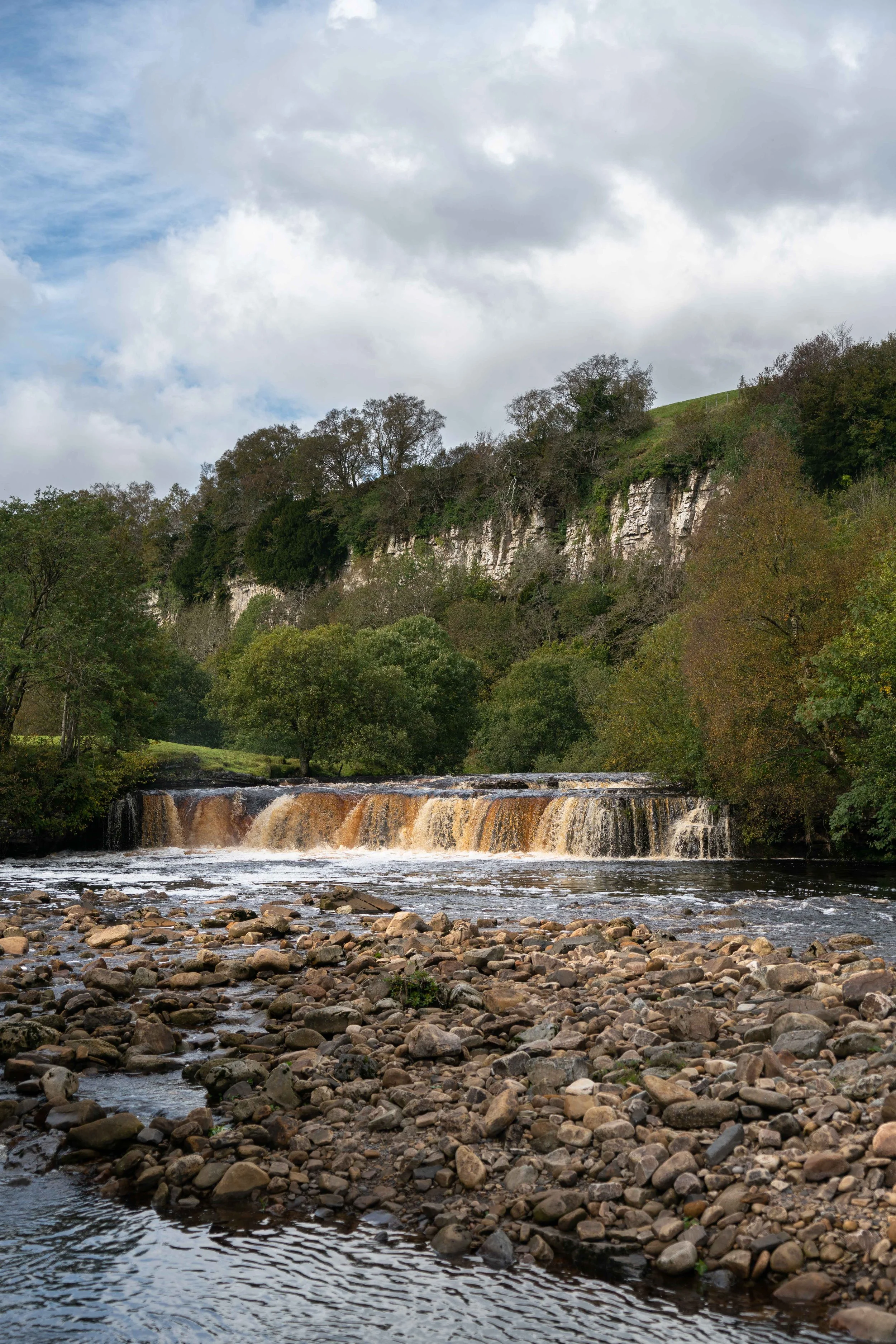 A river with rocky banks flowing under a cloudy sky, with a hillside covered in trees and greenery.