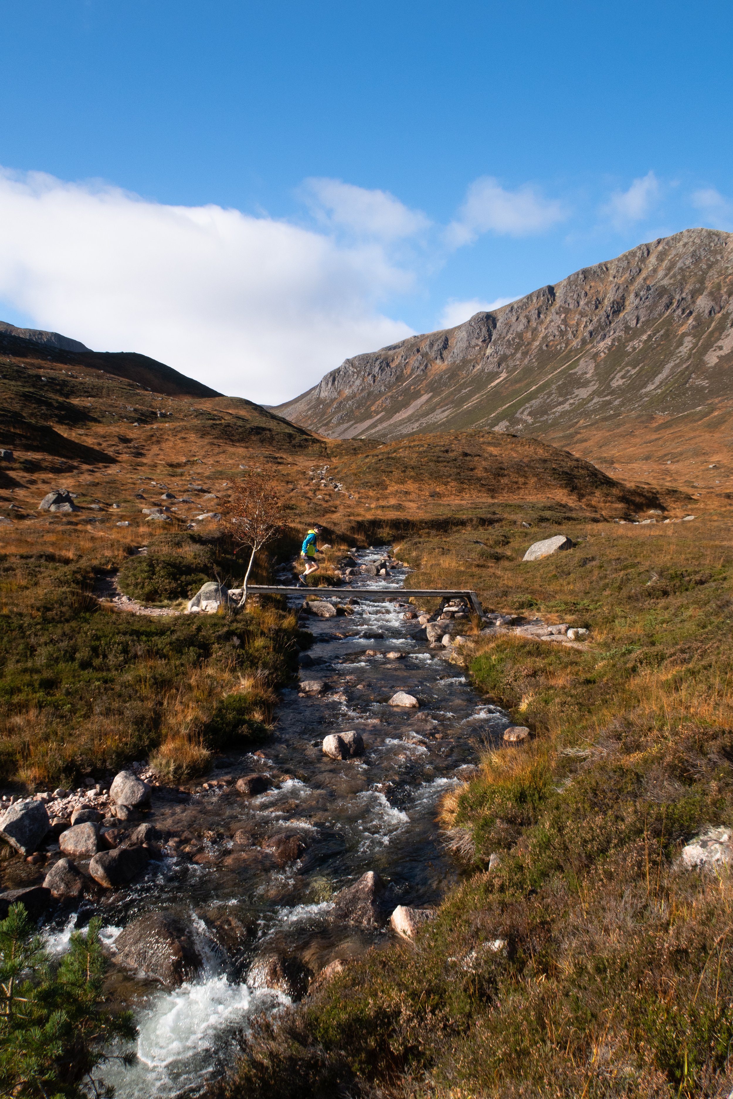 A mountain stream flowing through a grassy valley with mountains in the background and a blue sky with clouds above.