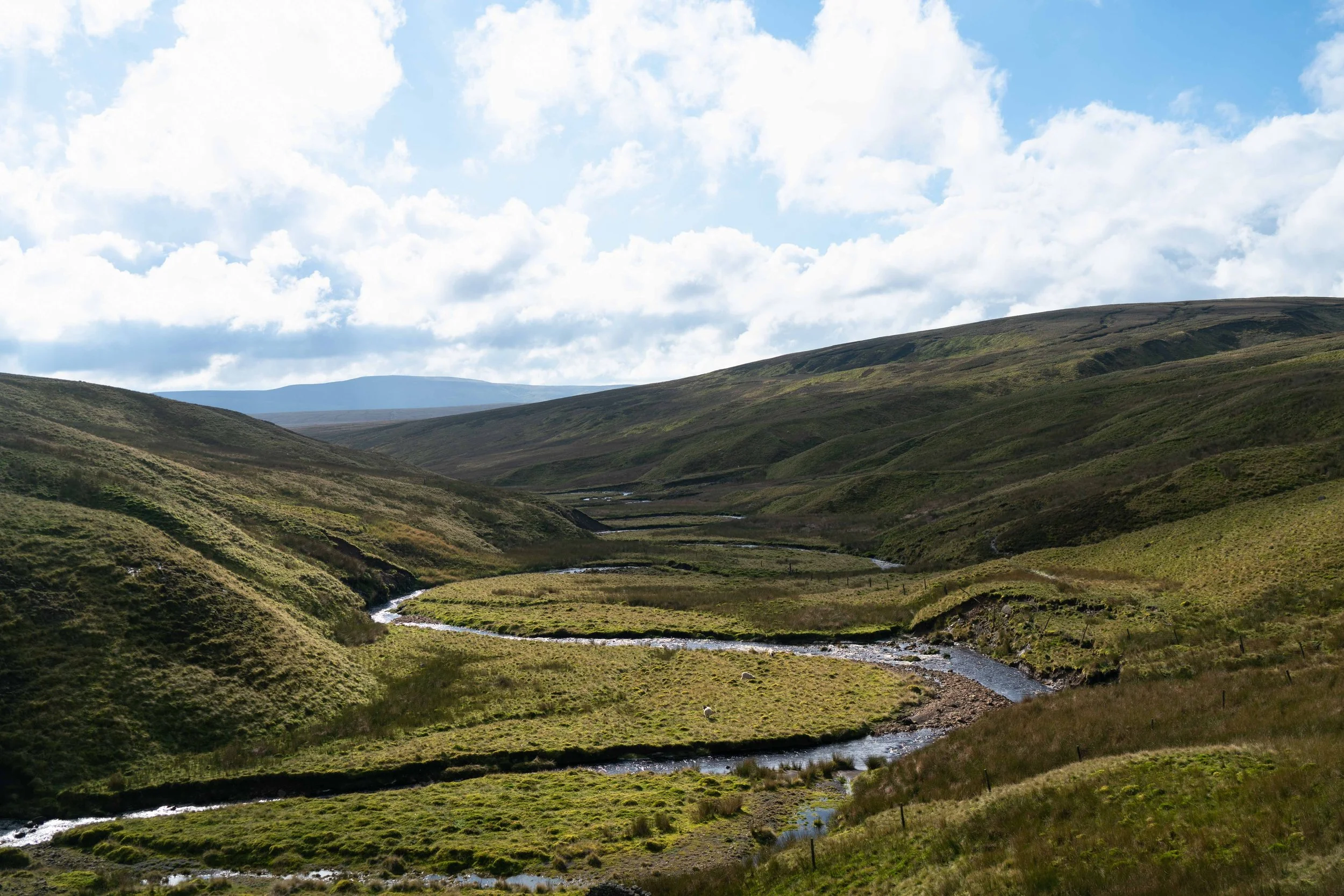 Scenic view of rolling green hills with a winding river flowing through the valley beneath a partly cloudy sky.