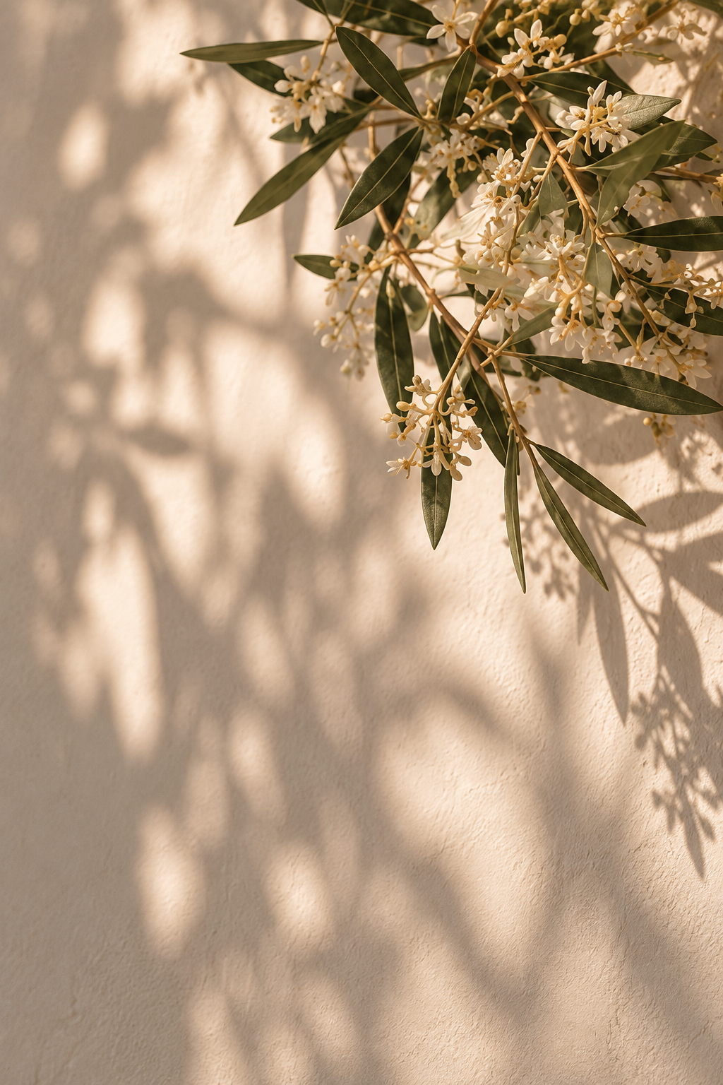A branch with white flowers and green leaves casting shadow on a beige wall.