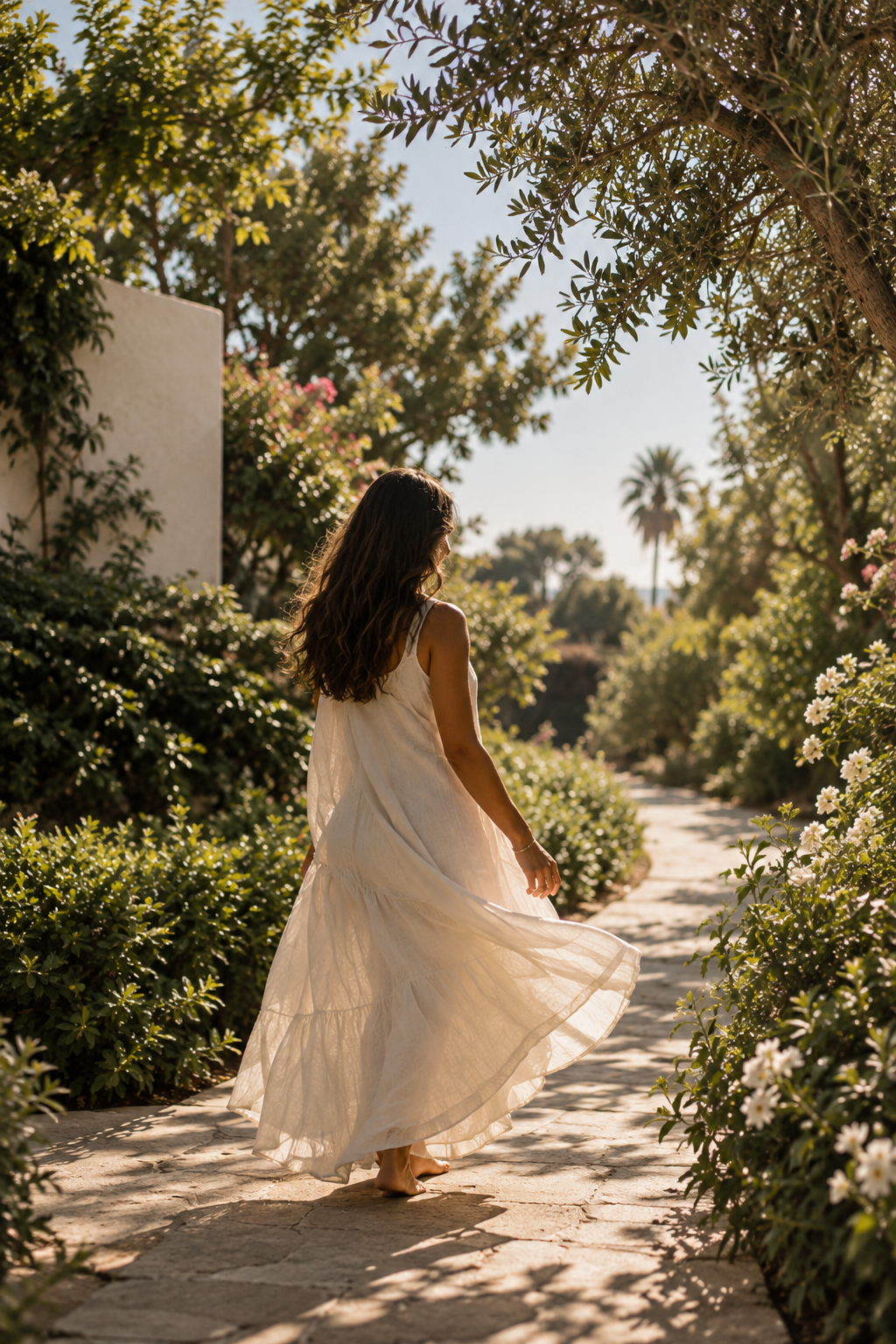 A woman in a flowing white dress walking down a sunlit garden path surrounded by lush green bushes and trees.