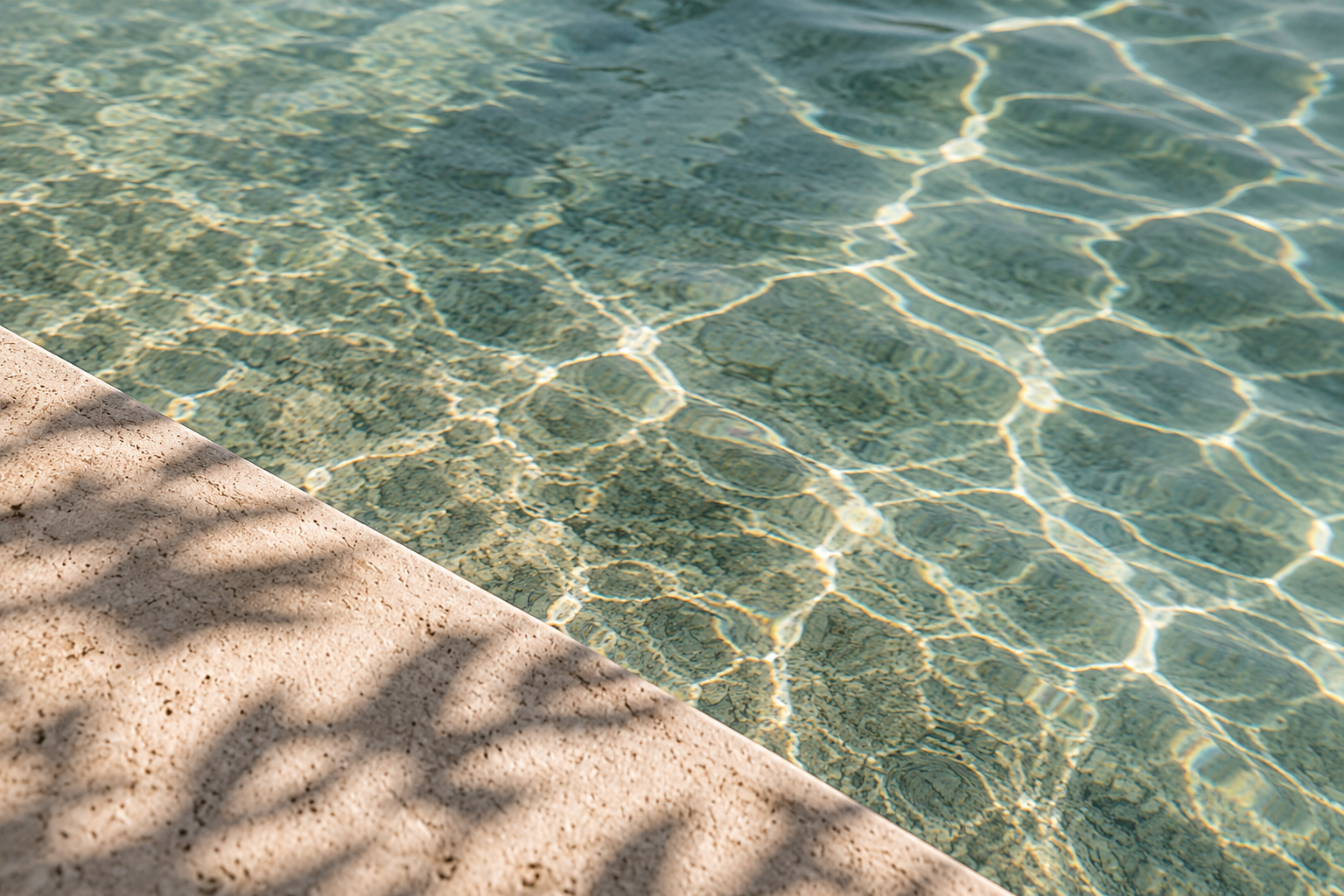 Clear swimming pool water with sunlight reflections and a beige poolside edge, shadowed by nearby objects.