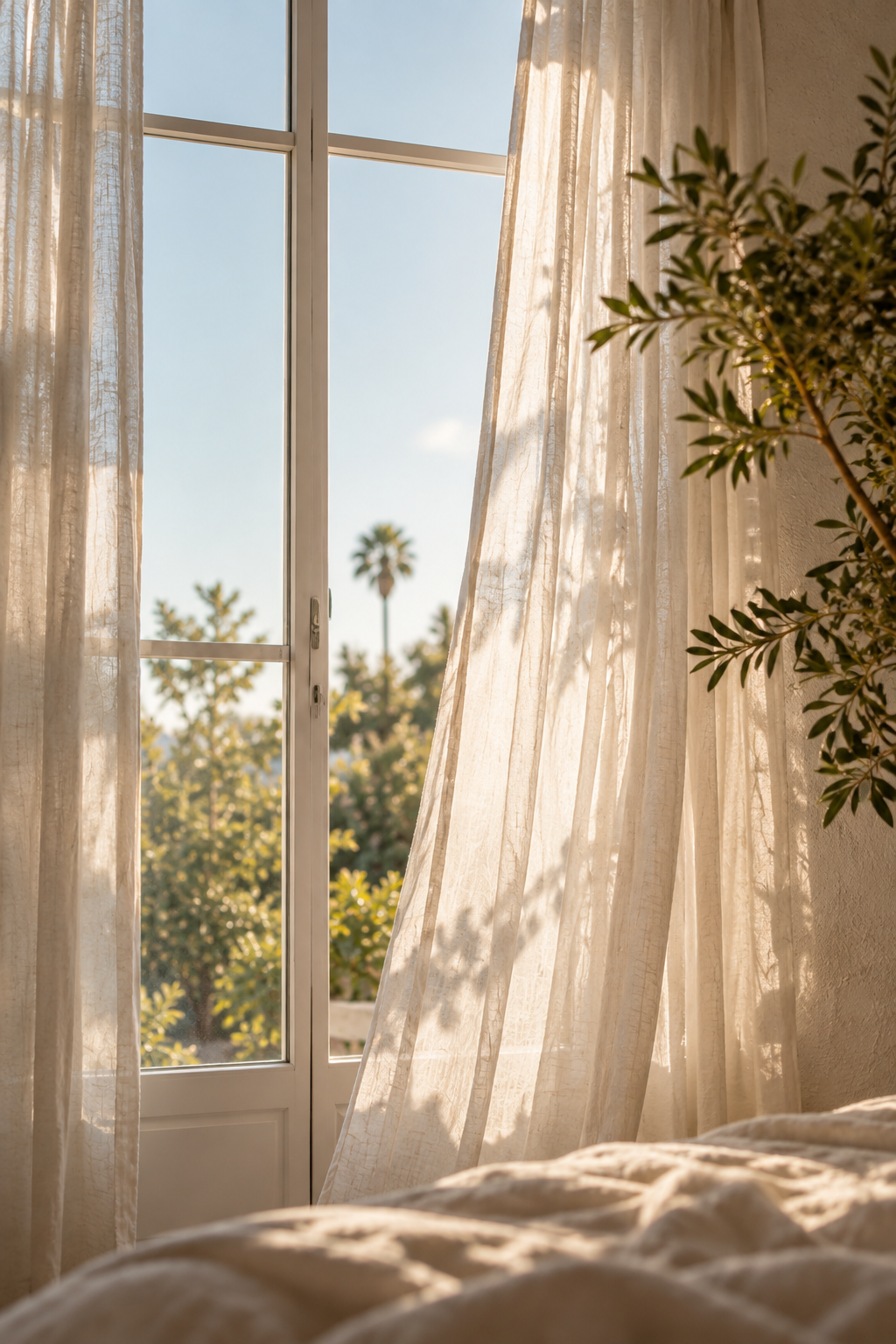 Sunlight streams through sheer curtains onto a bed, with a view of a palm tree and blue sky outside the window.