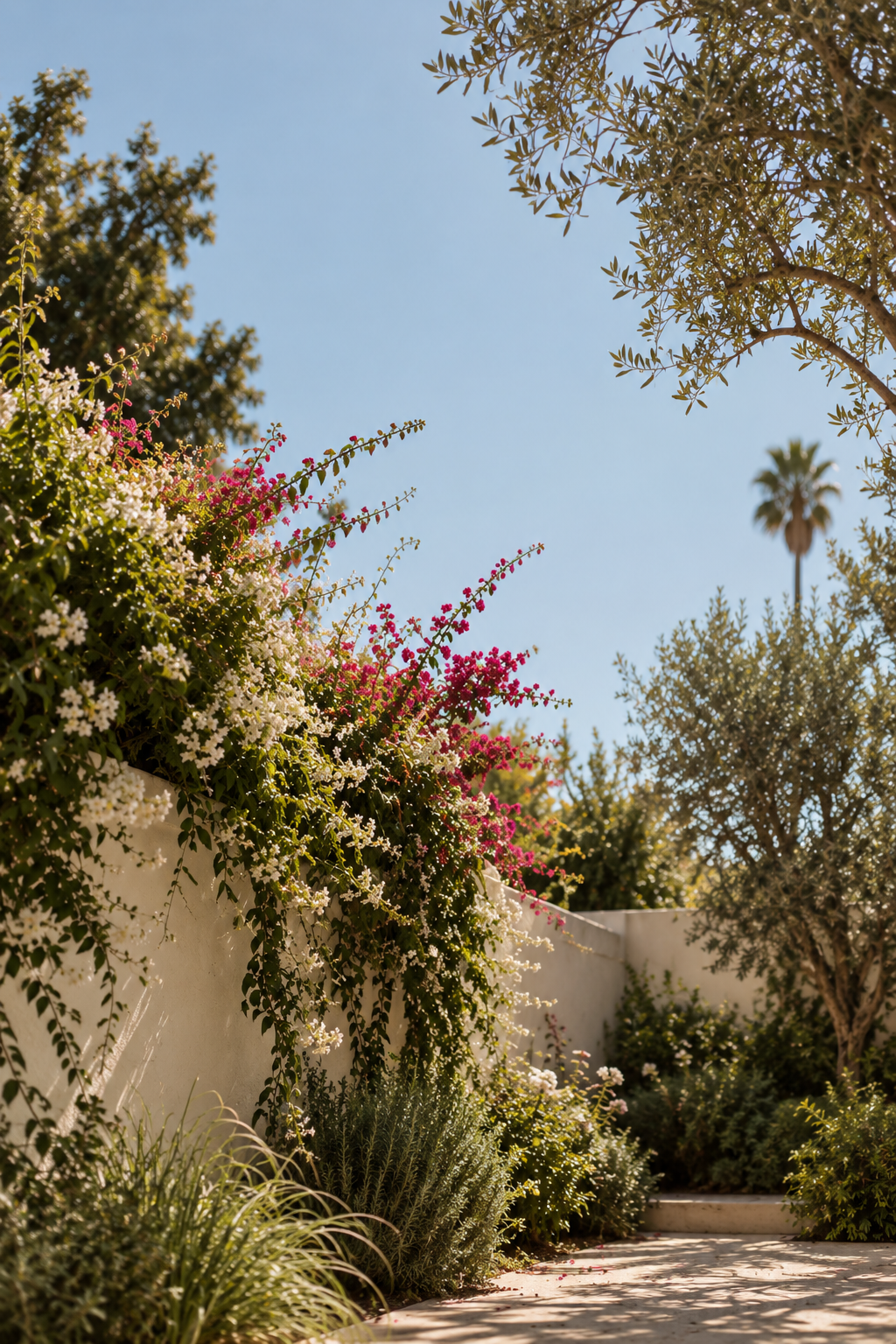 A garden with flowering plants, bushes, and trees under a clear blue sky, with a tall palm tree visible in the background.