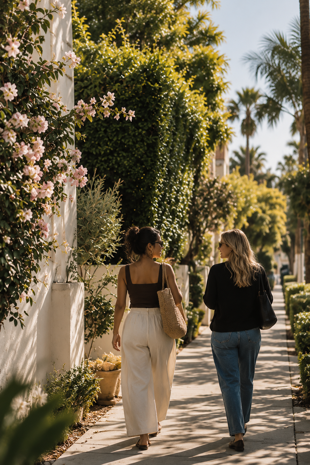 Two women walking along a sunny sidewalk lined with lush green and flowering plants, with palm trees in the background.