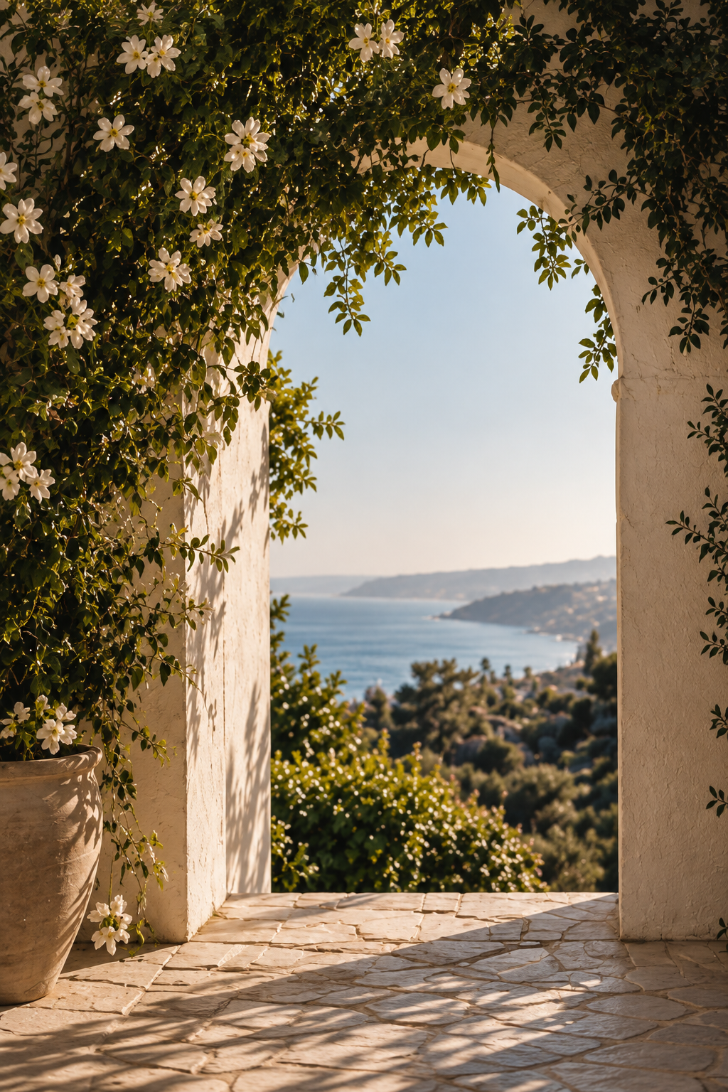 Archway framed with white flowers and green leaves overlooking a scenic coastal landscape.