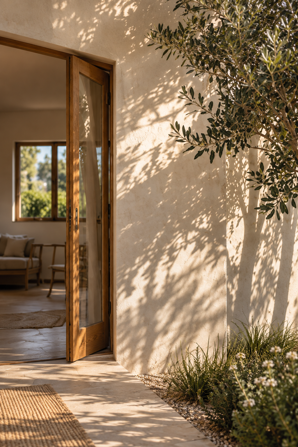 Open wooden door leading from interior to exterior patio with sunlight, tree, and plants casting shadows.