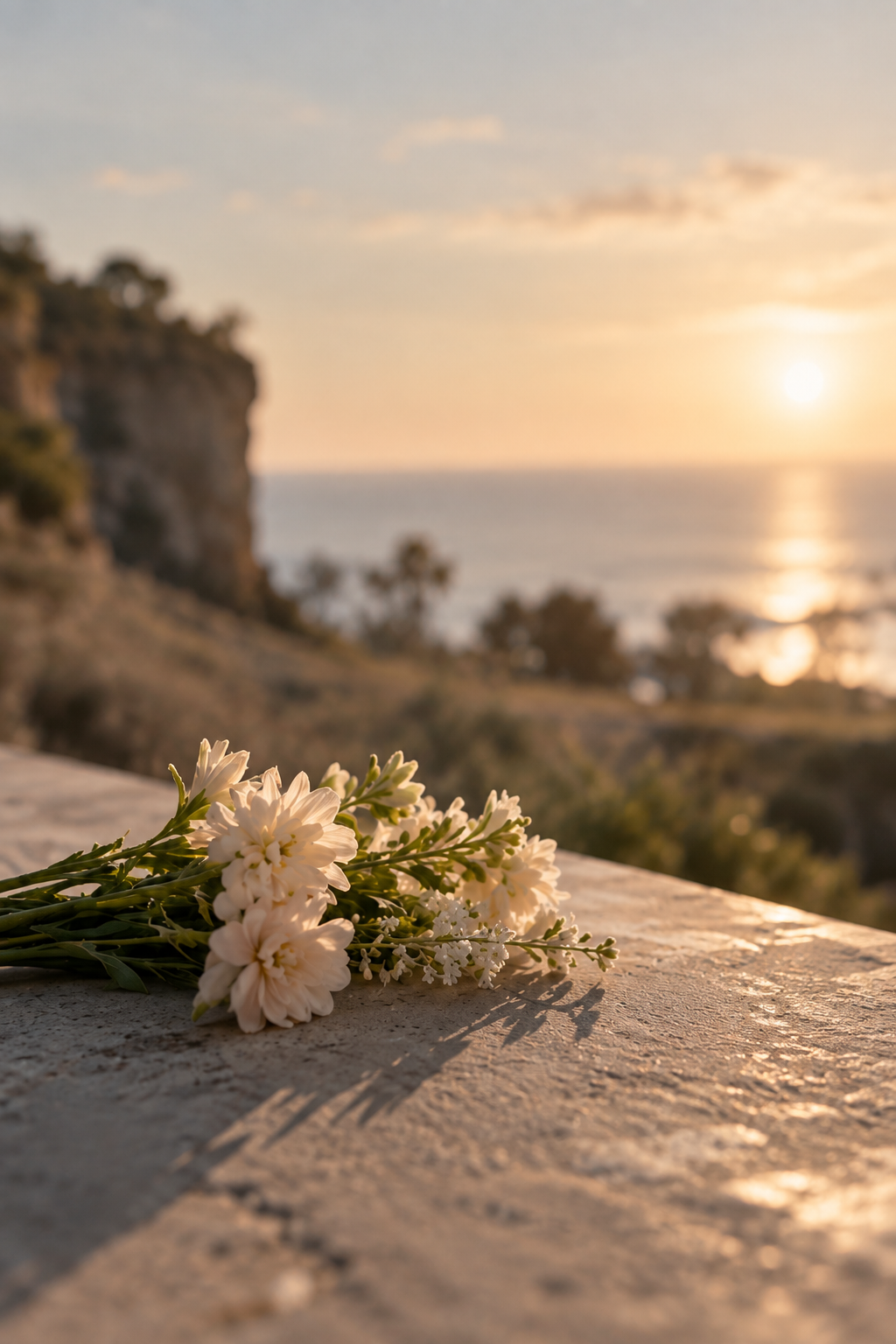 A bouquet of white flowers resting on a stone surface at sunset, with a scenic view of the ocean and a cliff in the background.