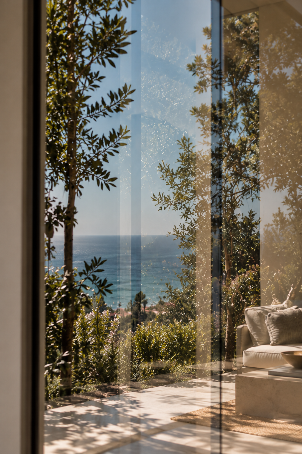A view through a glass door showing trees, a terrace, and the ocean in the distance with a clear blue sky.