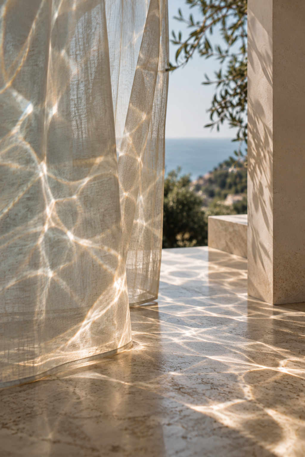Sunlight filters through a sheer curtain, creating light patterns on a marble floor and wall. Outside, a view of trees and the ocean can be seen.