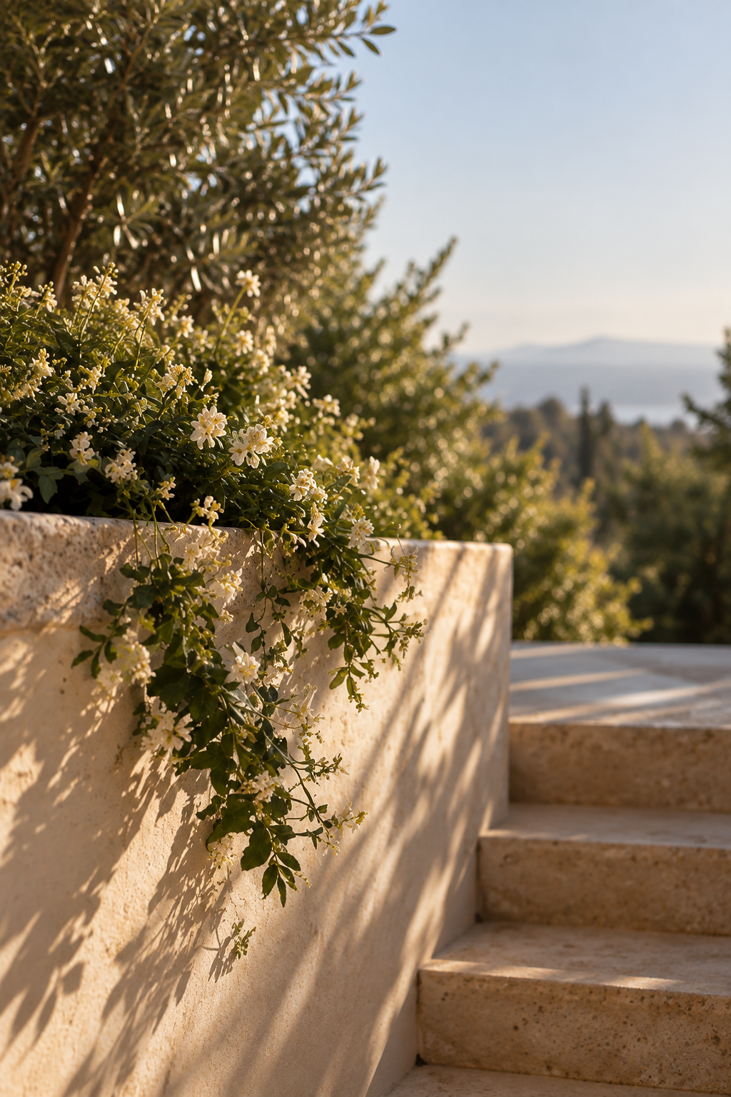 A stone staircase and a beige planter with white flowering plants, with trees and mountains in the background, bathed in warm sunlight.