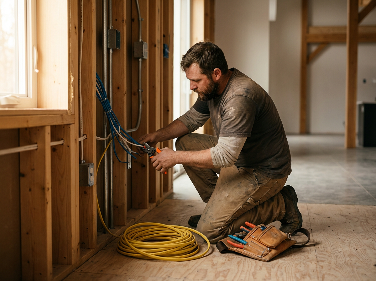 A man kneeling on the floor working on electrical wiring in a house under construction, with tools and yellow extension cord nearby.