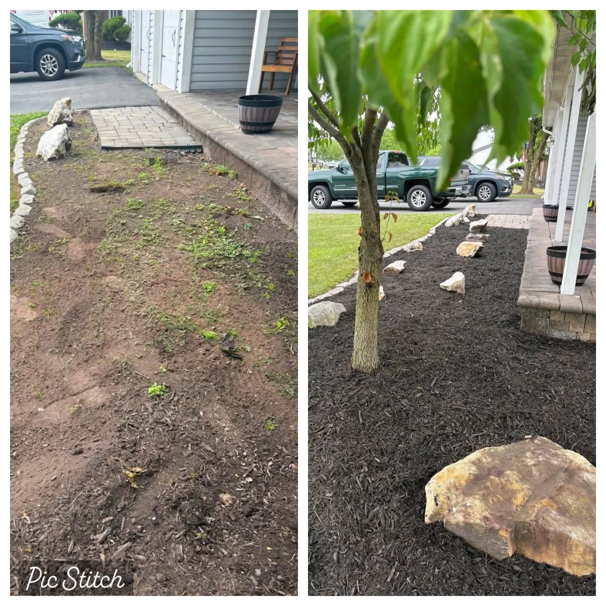 Side-by-side photos showing a before and after garden landscaping project. The left photo shows an area with bare soil, small plants, and rocks, while the right photo depicts the same area with freshly mulched soil, a young tree, and large rocks outlining the garden bed.