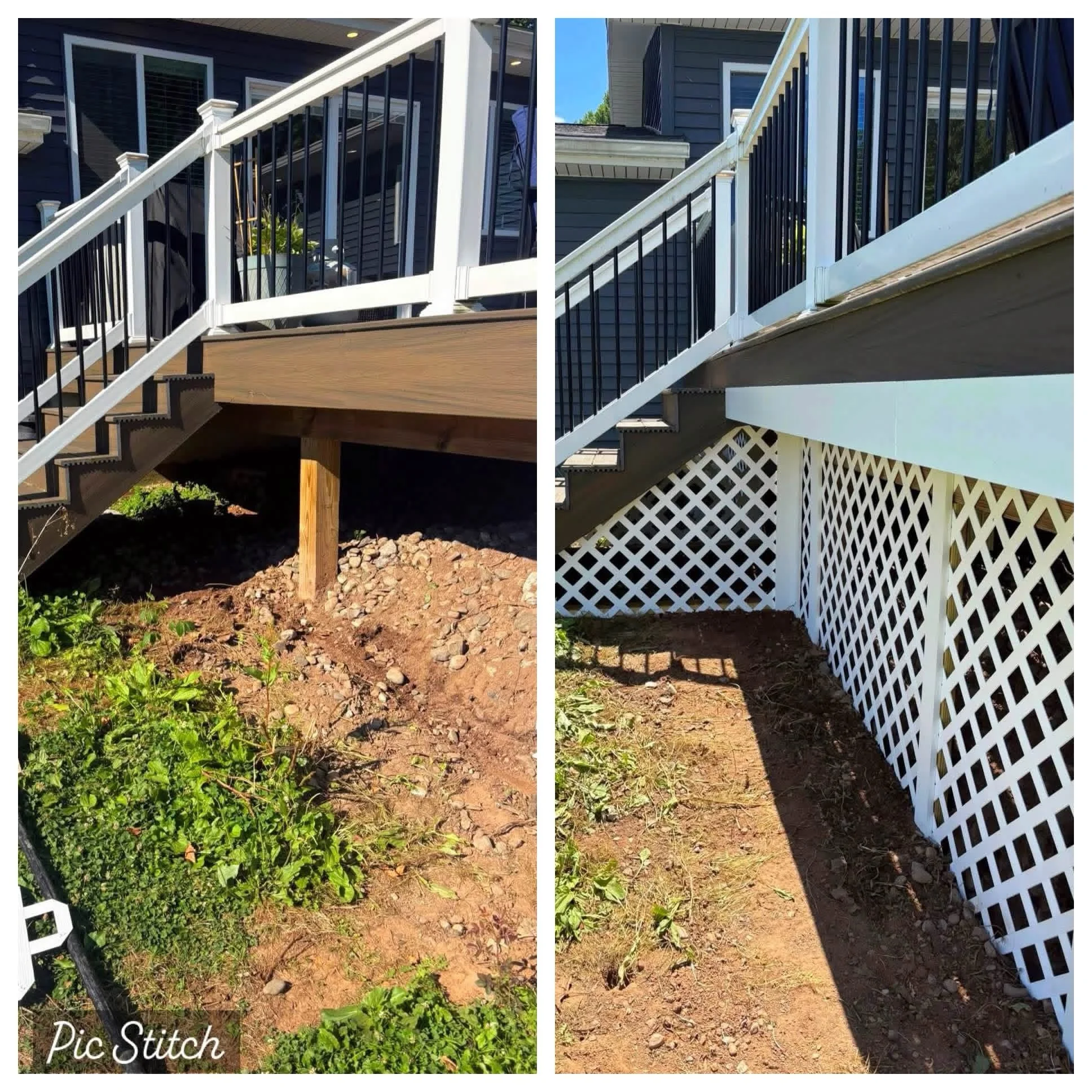 Comparison of a deck railing before and after painting. The left side shows the railing with black and white painted sections, while the right side shows the same railing painted fully white. The image highlights the transformation of the deck railing's appearance.