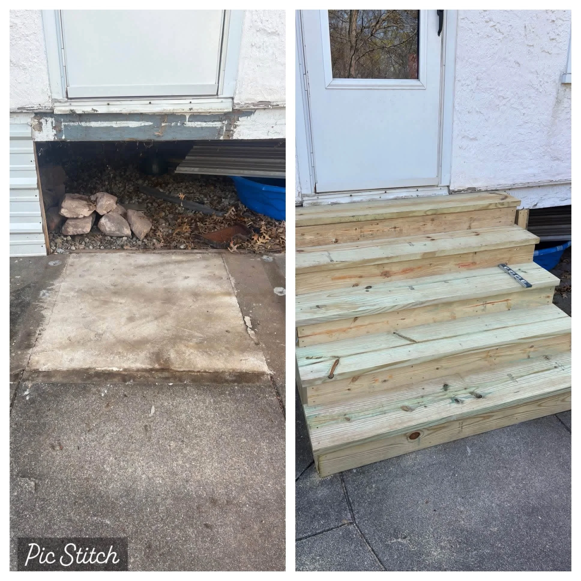 Side-by-side photographs showing the before and after of a home exterior door renovation. The left photo displays an old, damaged door frame with peeling paint, missing trim, and debris beneath it. The right photo shows the renovated door area with a new white door, fresh wooden steps, and a clean, textured wall.