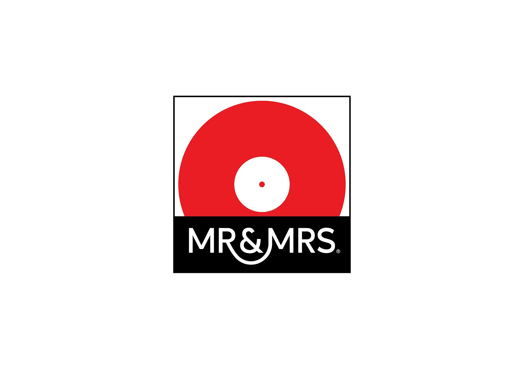 Mr & Mrs logo with a red vinyl record and black and white text