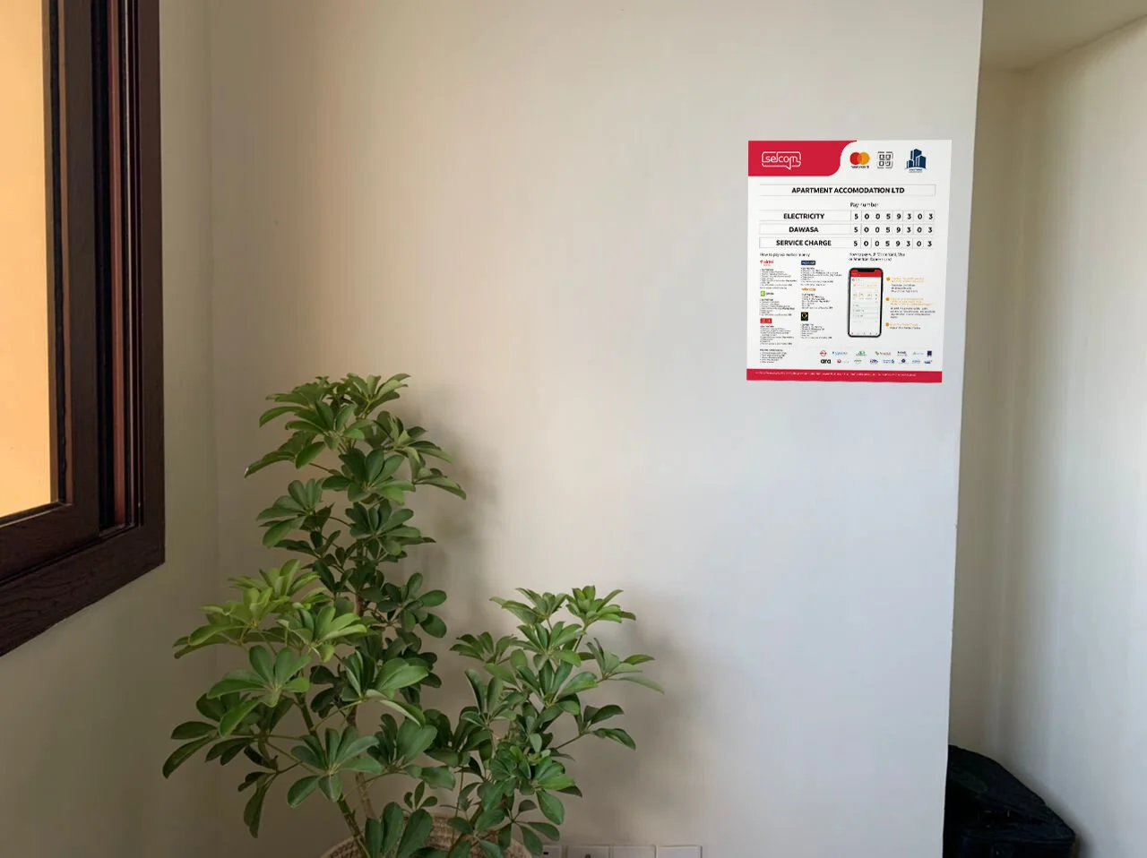 Unique QR codes placed inside an apartment unit to enable the tenants to pay dues for rent and services at their own convenience.
