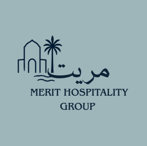 Logo for Merit Hospitality Group with an arch, palm tree, and water waves