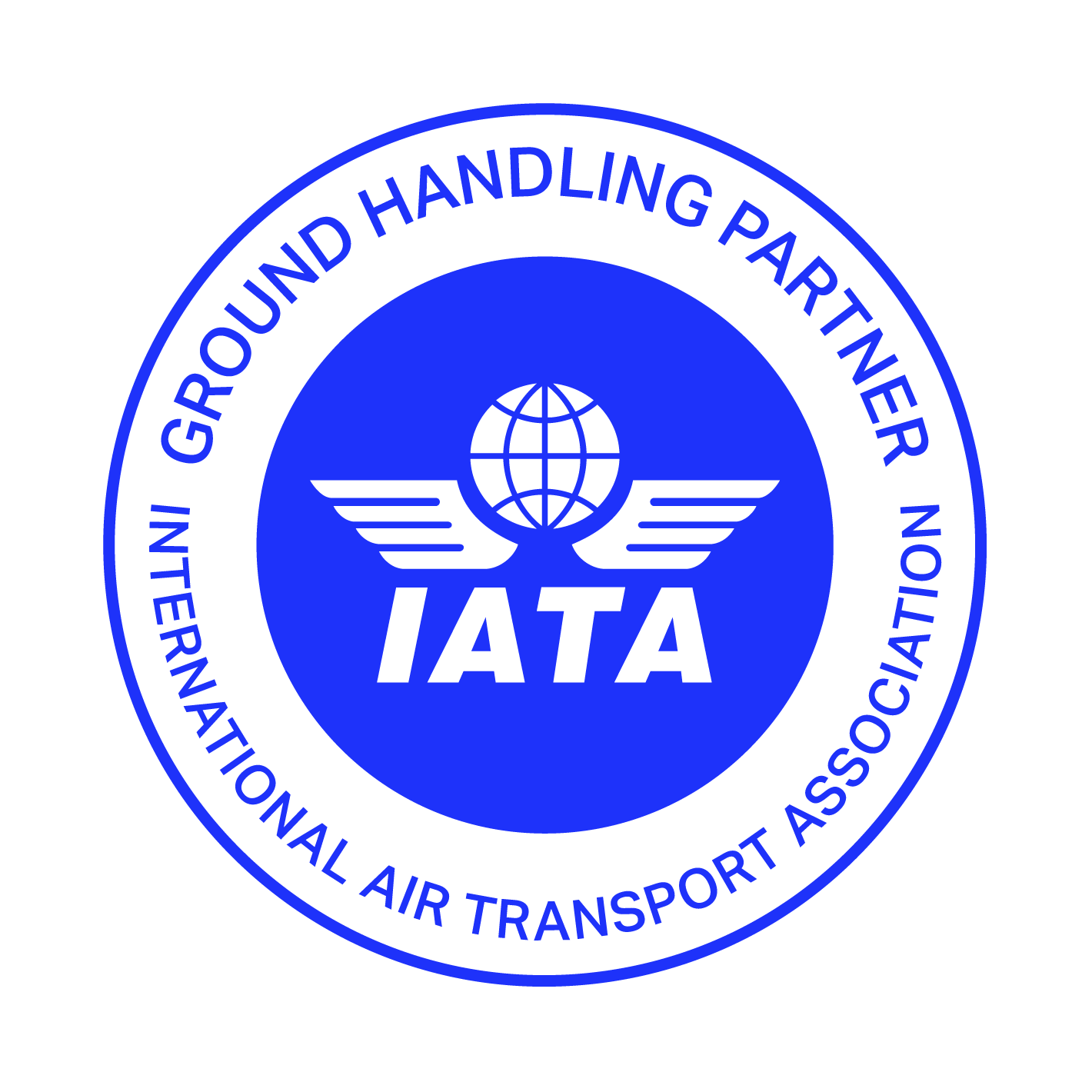 Logo of the International Air Transport Association (IATA), featuring a globe with wings and the acronym IATA, surrounded by a circular band stating 'International Air Transport Association' and 'Ground Handling Partner'.