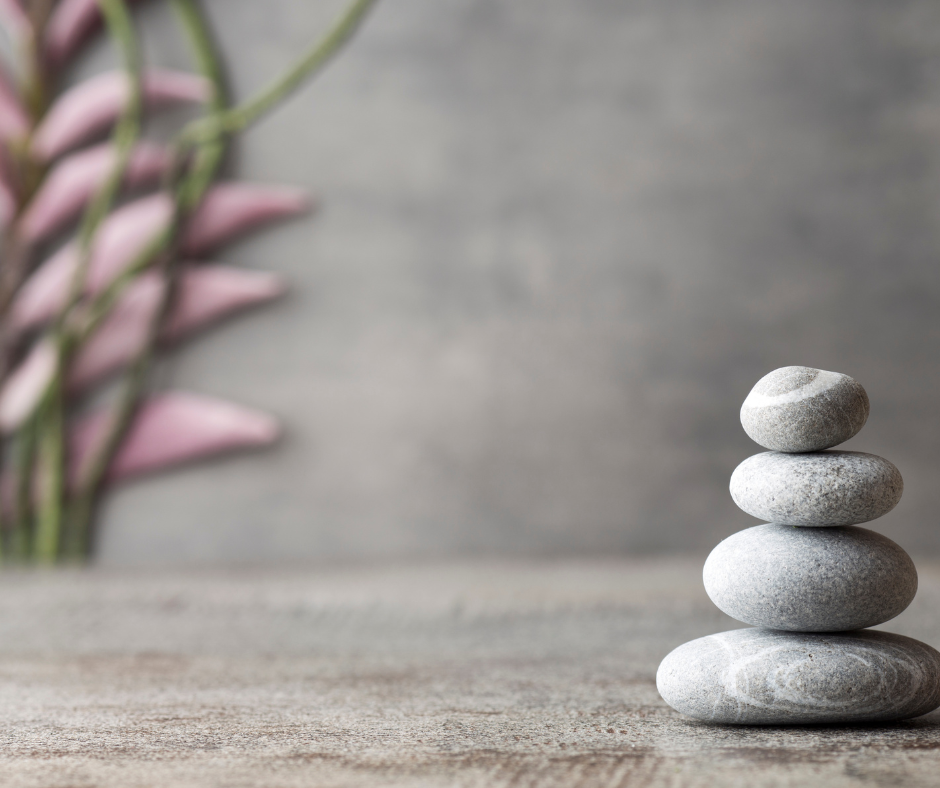 Three rocks stacked on a grey table with a pink and green plant in the background