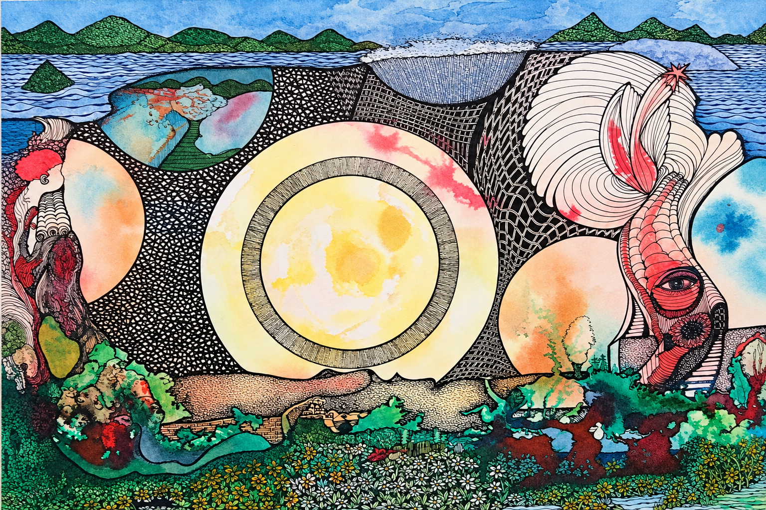 Colorful abstract landscape with a sun, moon, and various patterns on a black background, featuring mountains, clouds, and vegetation.
