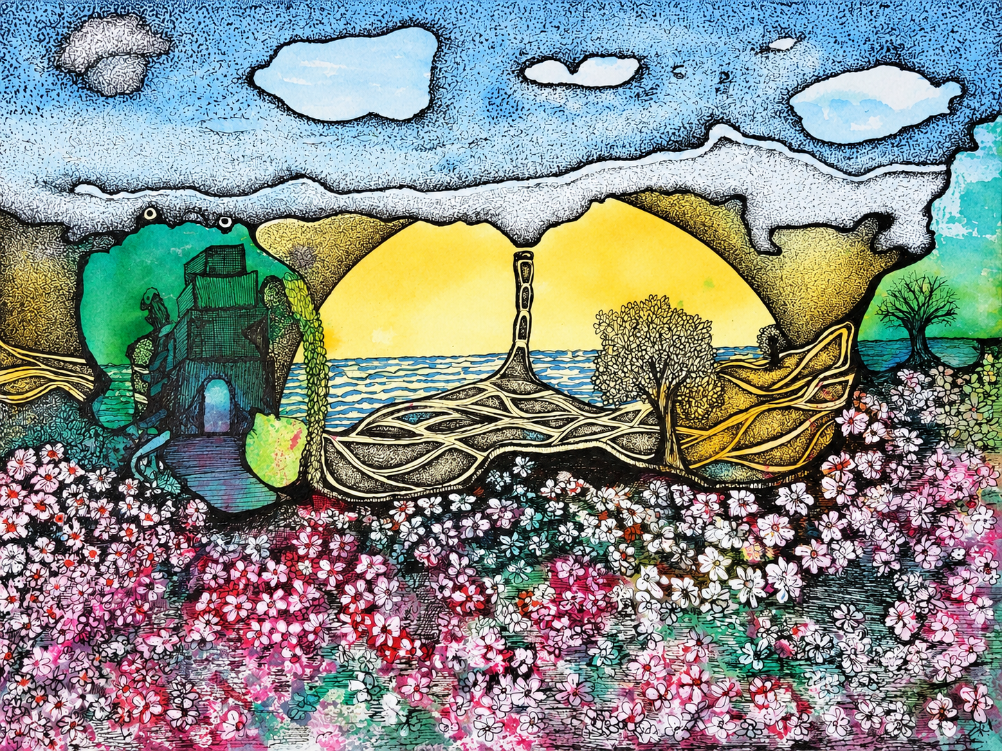 Colorful landscape with flowers, trees, a castle, and a large sunrise or sunset over water, surrounded by clouds.