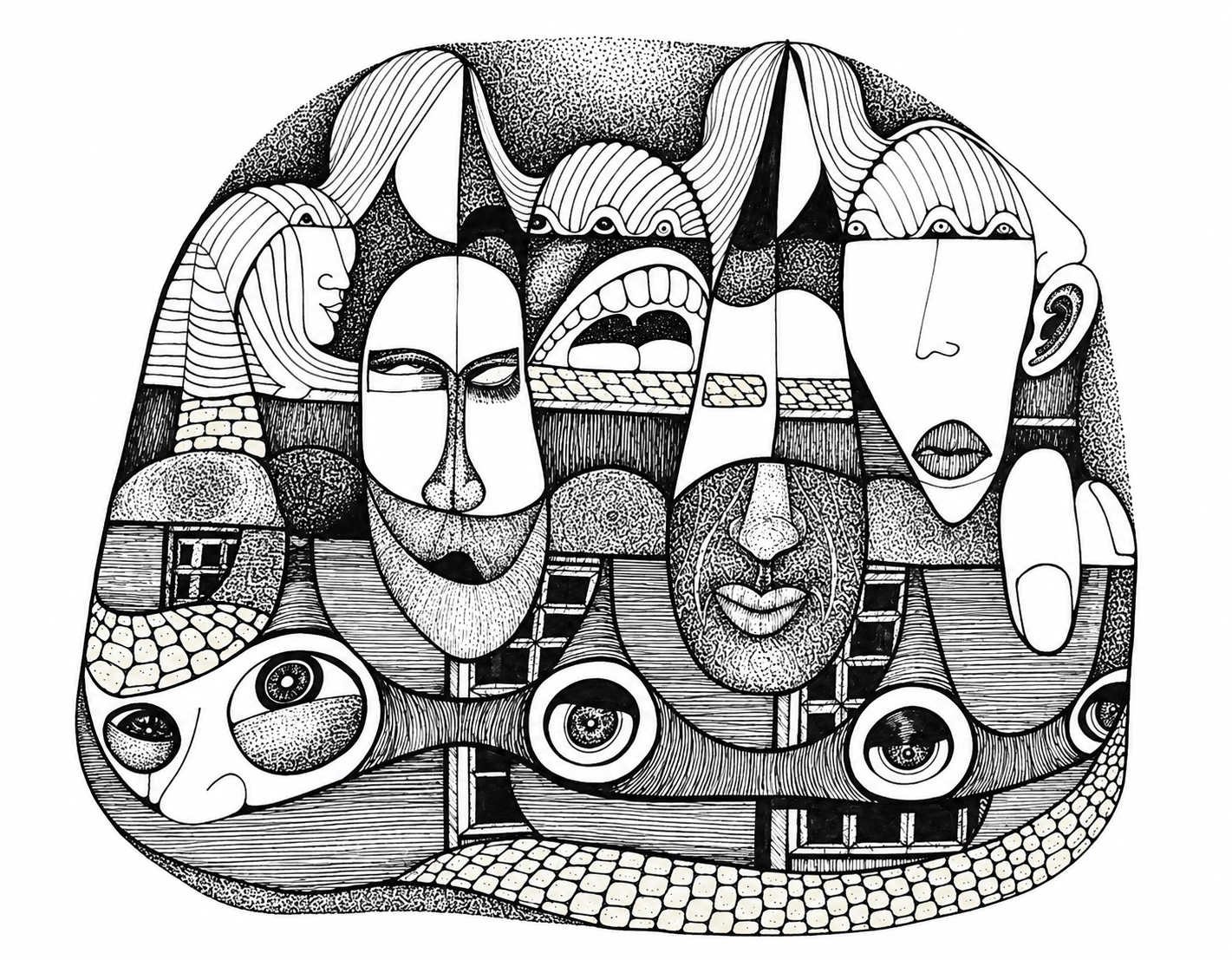 Black and white abstract illustration of various human faces, eyes, and architectural elements in a Cubist style.