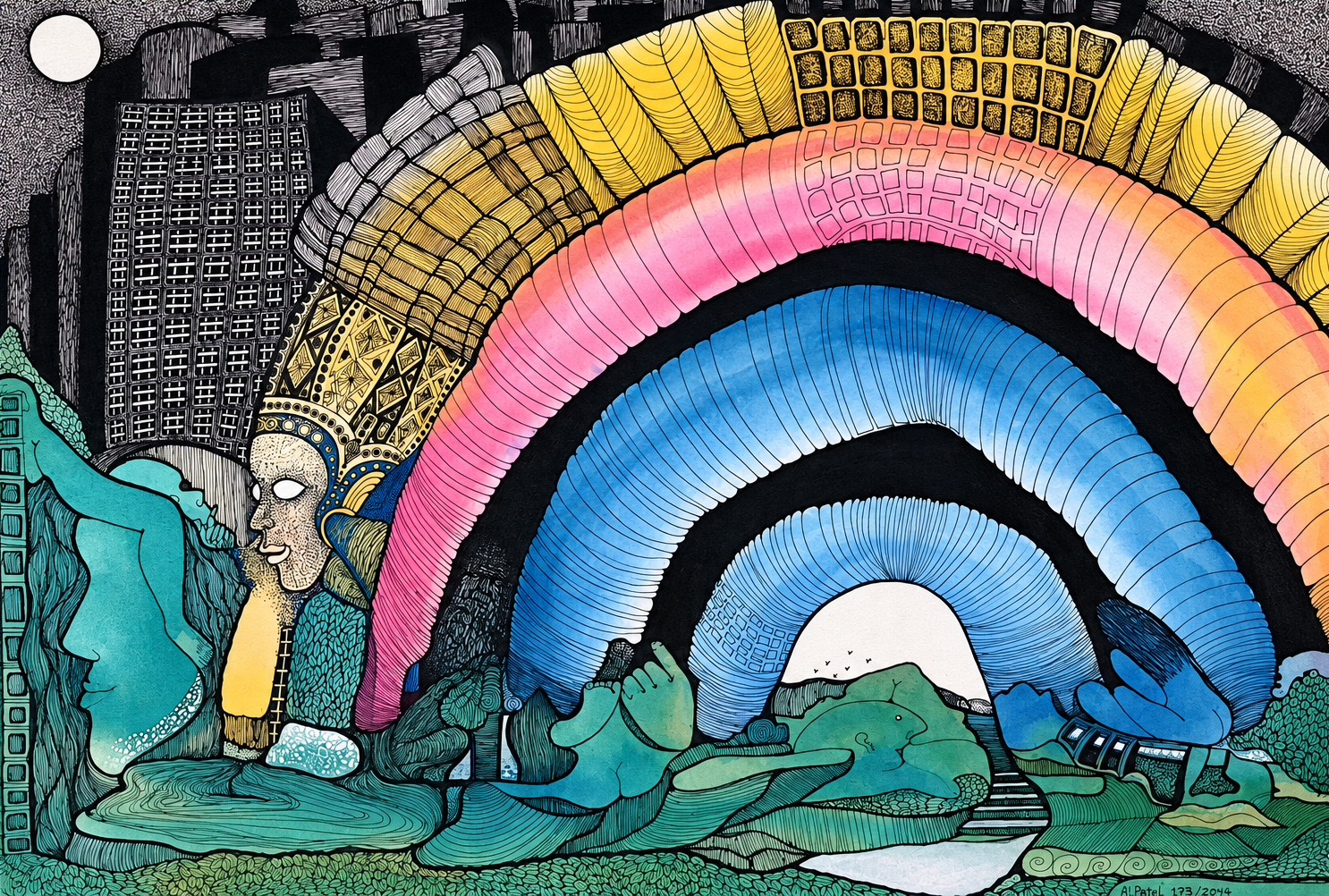 Colorful mural art depicting a landscape with a rainbow, mountains, and a sunset, with stylized faces and buildings integrated into the scene.
