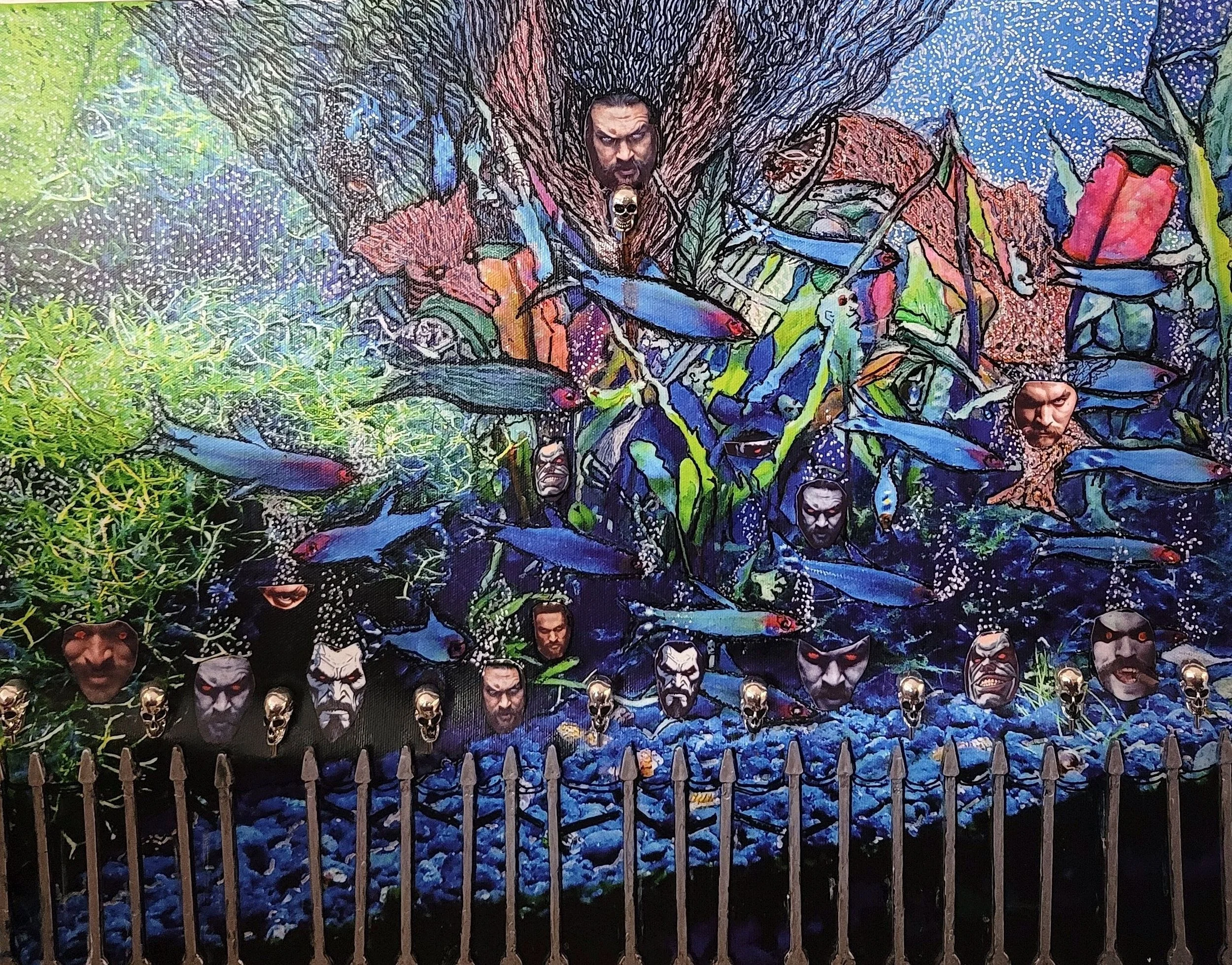 Colorful mural featuring faces of characters and skulls with a fence at the bottom.