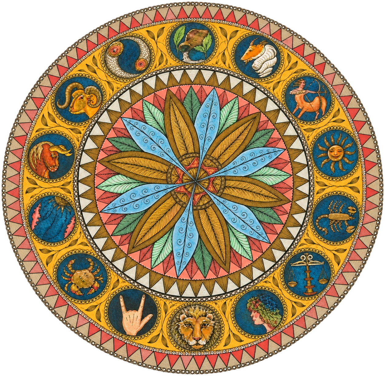 Colorful circular design featuring zodiac signs with a central floral pattern, surrounded by symbols representing each astrology sign.