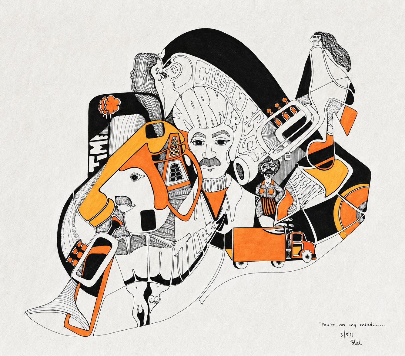 A black-and-white illustration with orange accents depicting various interconnected images, including faces, a dog, a fish, a truck, and text such as 'CLOSENESS' and 'T.M.', arranged in a collage style. The illustration includes detailed line work and abstract elements with a signature and date at the bottom right corner.