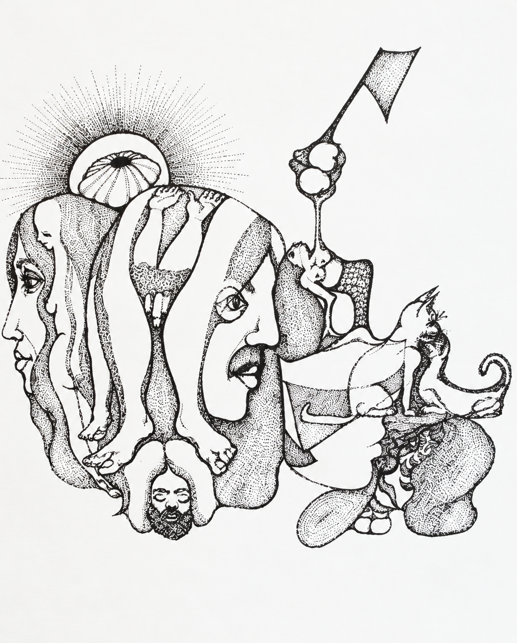 Black and white illustration composed of human faces, animals, and abstract shapes intertwined in a surreal style.