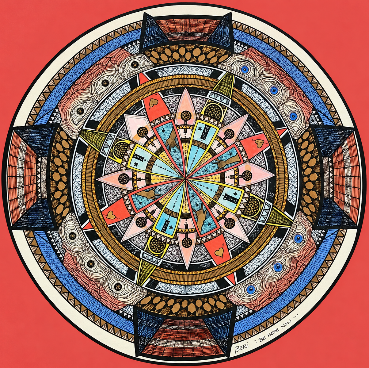 Colorful geometric mandala art with various shapes and symbols on a red background, titled 'Beri: Be Here Now'.