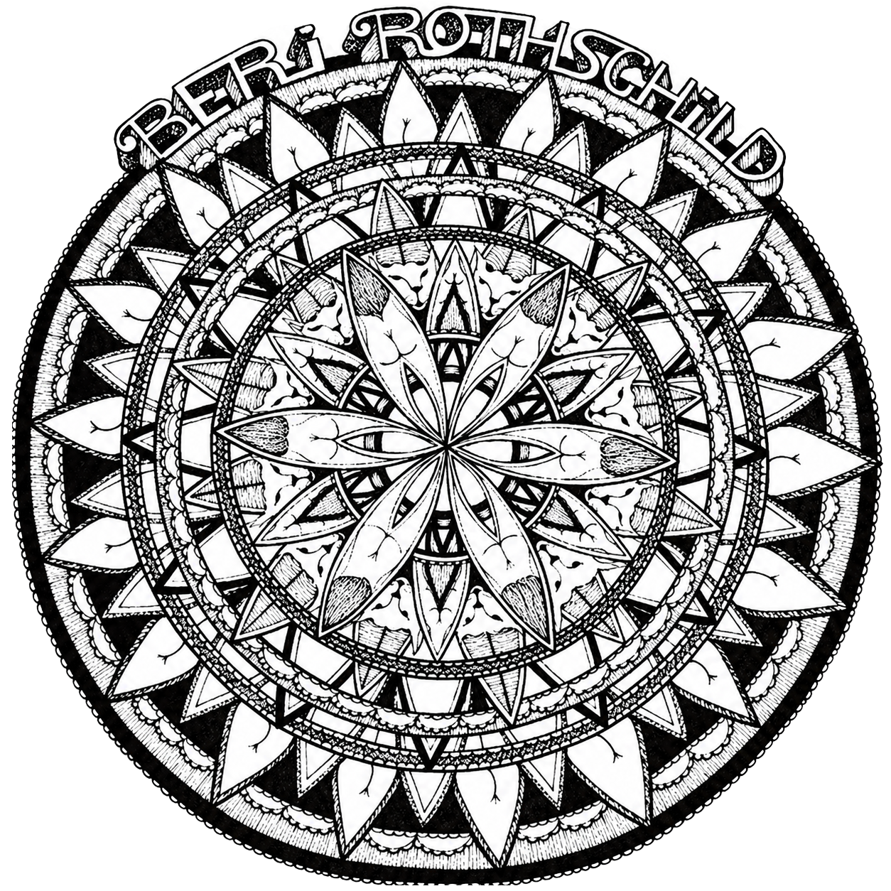 A black and white circular mandala with intricate patterns, featuring the names 'Beri Rothschild' at the top.