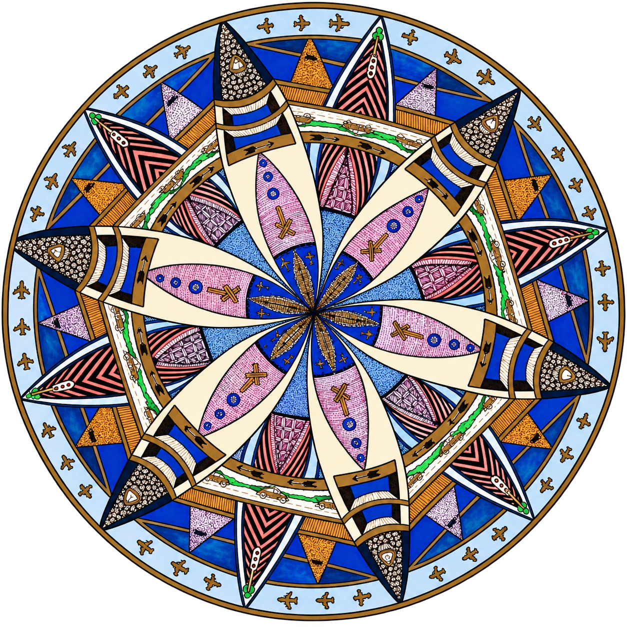 A colorful geometric stained glass design with various shapes and patterns in blue, pink, orange, black, and white.
