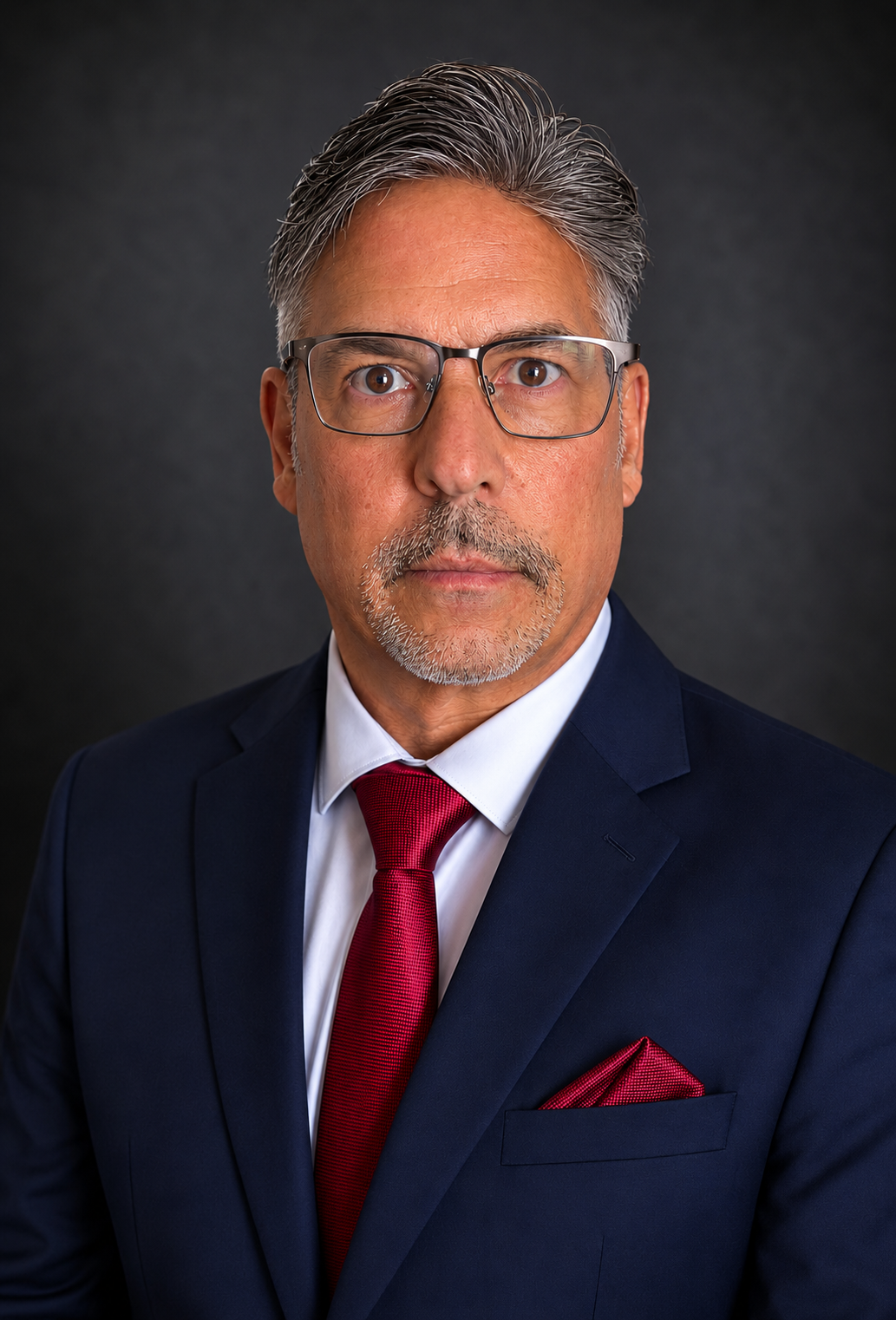 A middle-aged man with gray hair and glasses, dressed in a dark blue suit, white shirt, and red tie, against a dark gray background.
