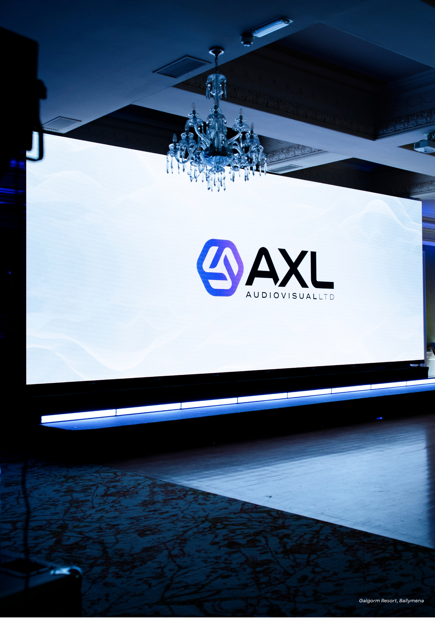 LED video wall hire displaying the AXL Audiovisual logo at Galgorm Resort, Ballymena, County Antrim