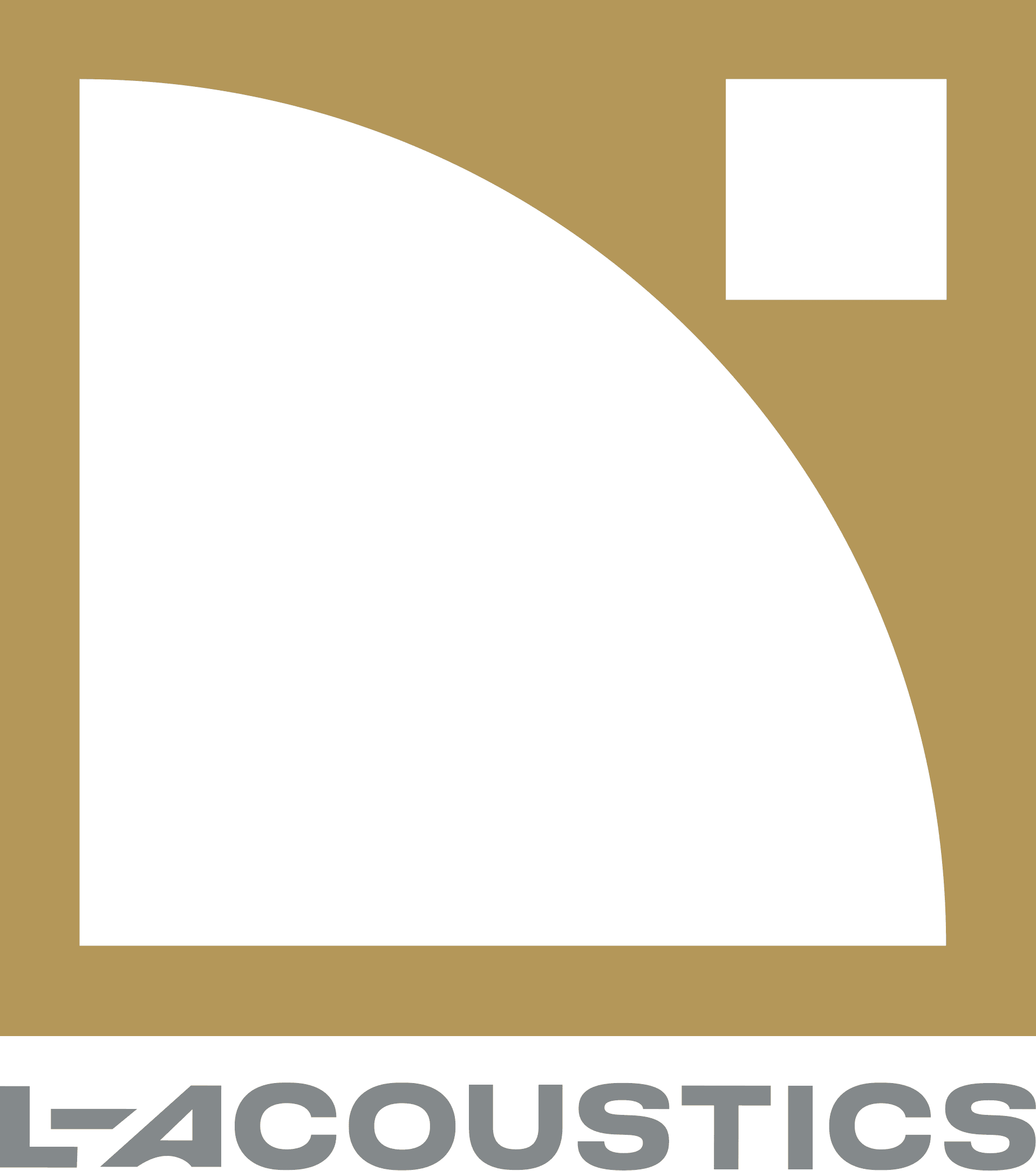 The image features a logo with a large black square and a black semi-circle on a gold background. Below the logo, the word 'ECOUSTICS' is written in bold, uppercase, gray letters.