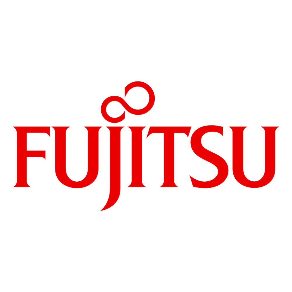Fujitsu logo with red text and a stylized infinity symbol above the letter 'j' on a white background.