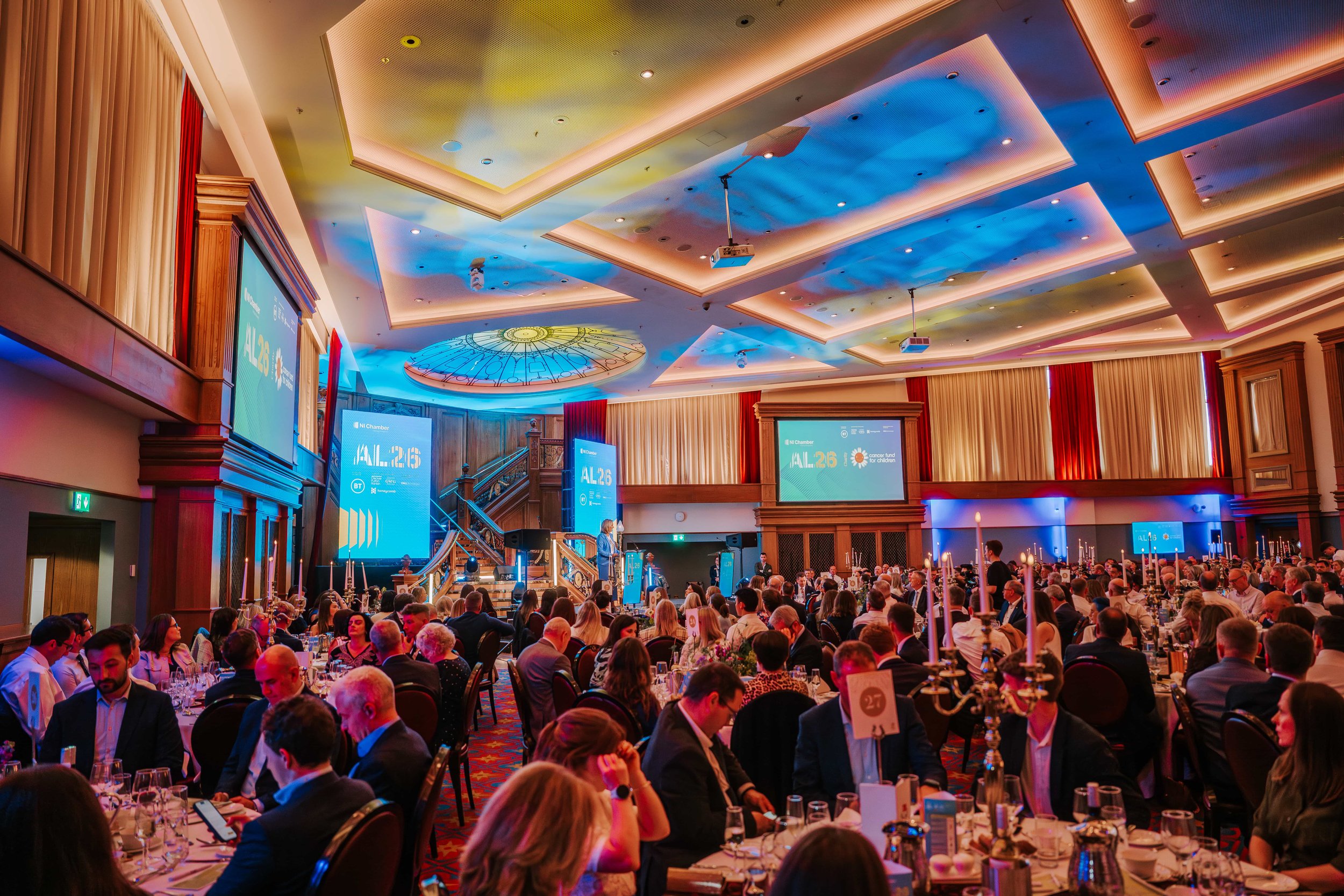 NI Chamber Annual Lunch 2026 at Titanic Belfast, with lighting by AXL Audiovisual