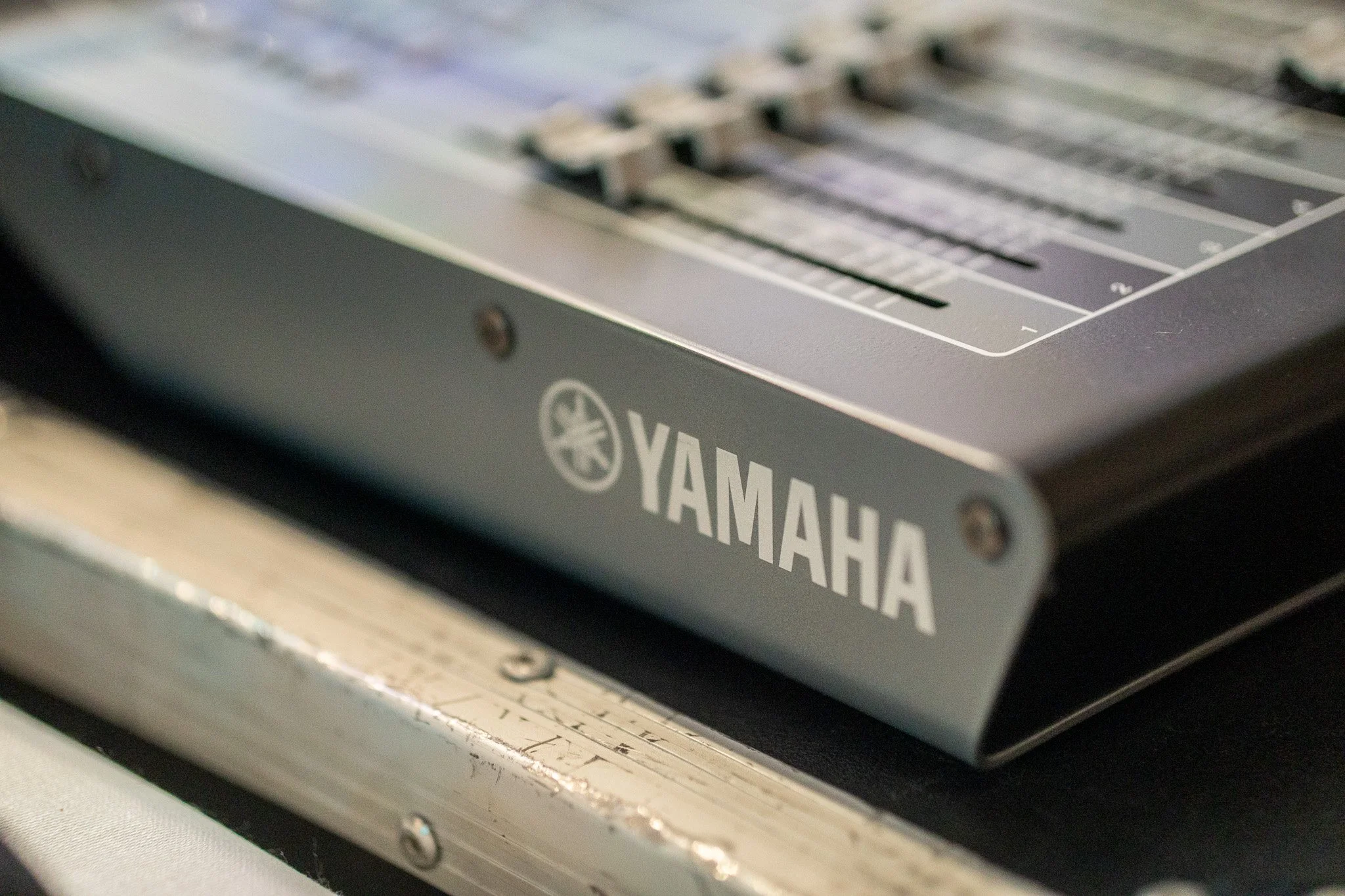 Yamaha digital mixing console on its flight case at front of house for the East Border Region events in Newry.