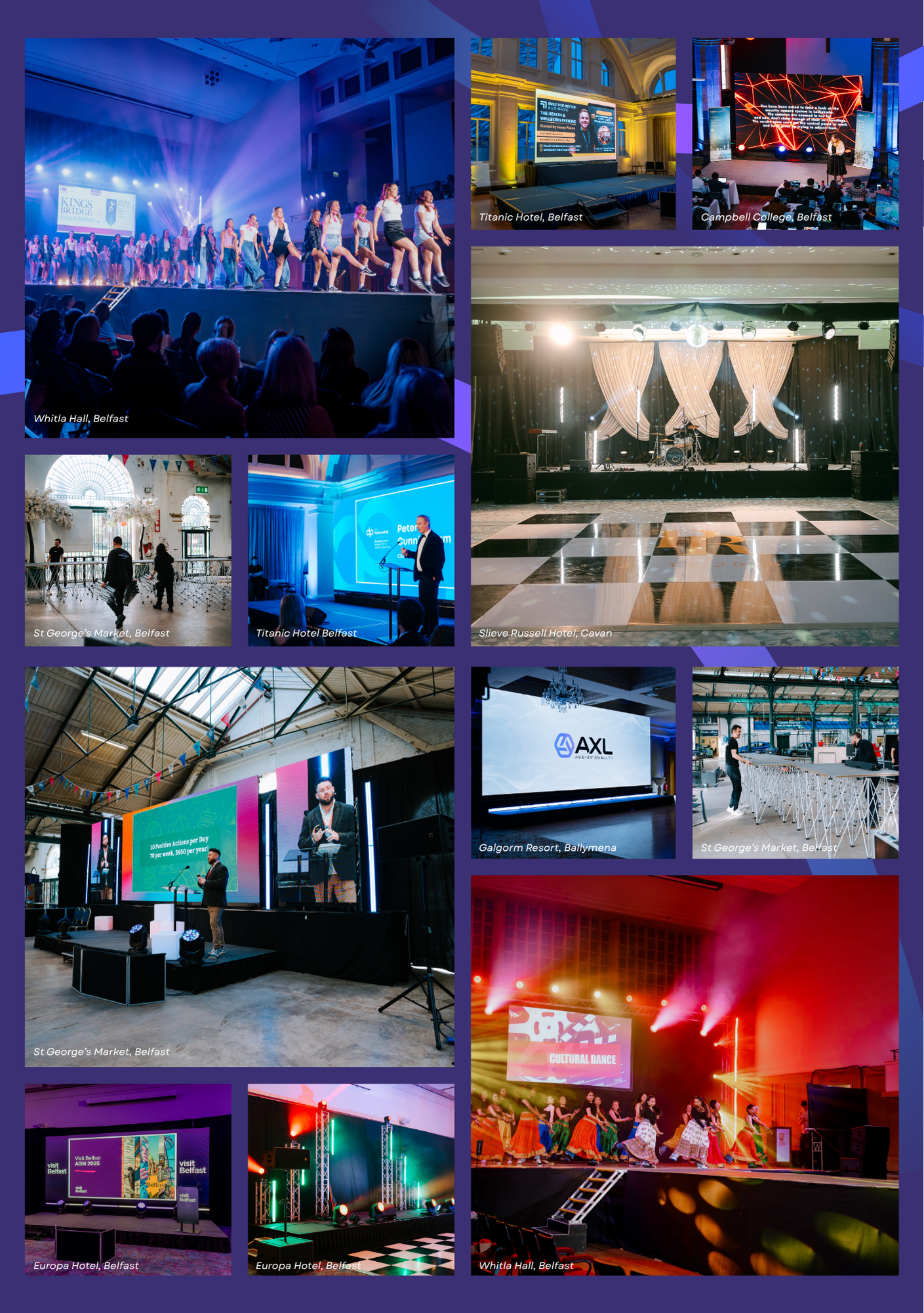 Compilation of event photos in Belfast, including stage performances, presentations, and conference setups at various venues such as Whitla Hall, Titanic Hotel, Campbell College, St. George's Market, Seivie Russell Hotel, Galgorm Resort, Europa Hotel