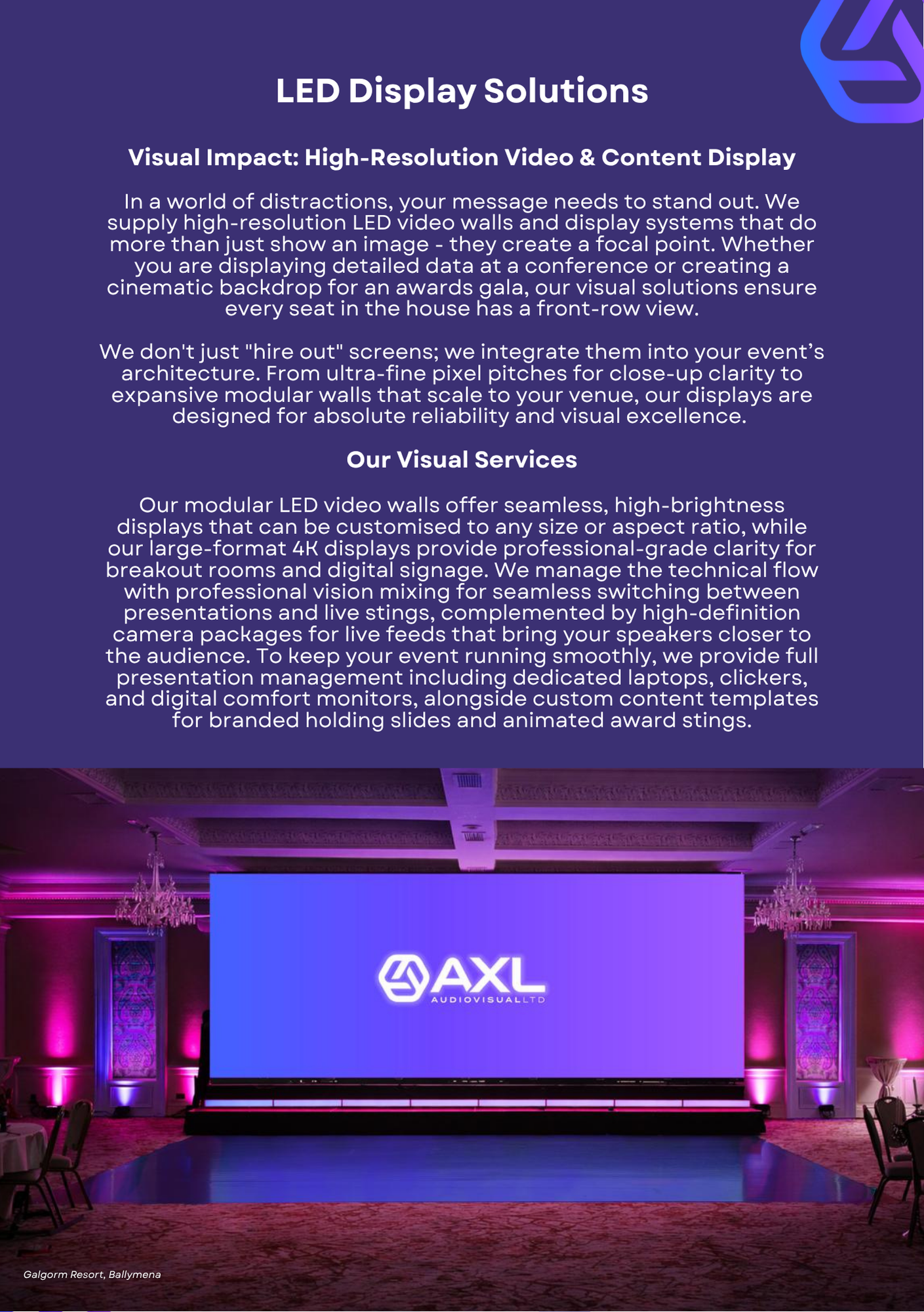 A large LED display screen in a grand room with purple lighting and chandeliers, showing the AXL logo for audiovisual solutions, with a paragraph of informational text about LED display services above it.