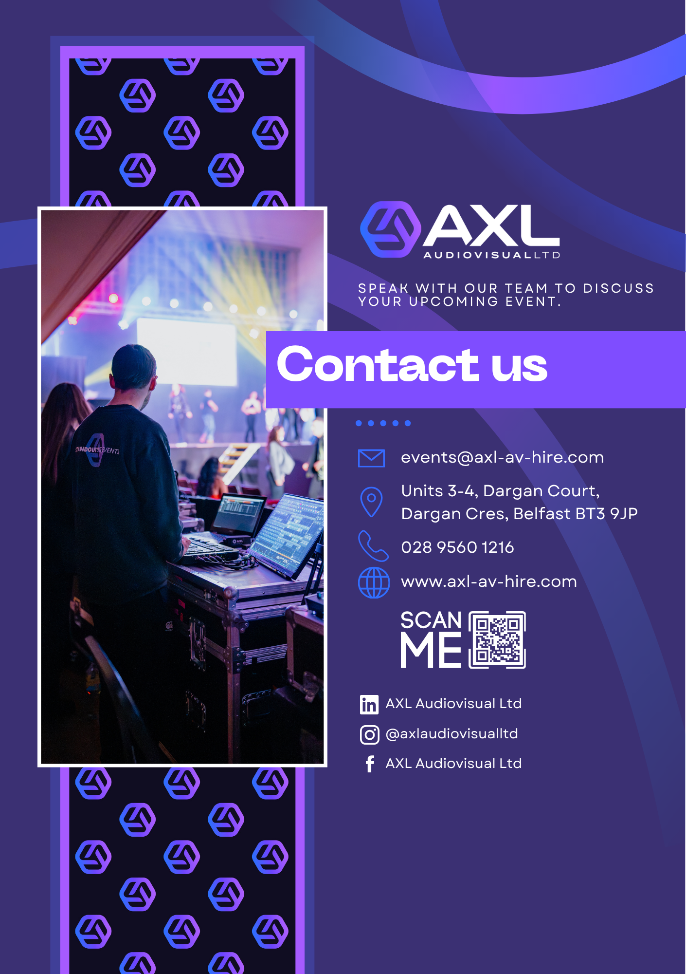 A promotional flyer for AXL Audiovisual Ltd. highlighting contact information, a photo of a person operating audiovisual equipment at an event, and details for reaching out for services. The design includes purple and blue tones, with a pattern of th
