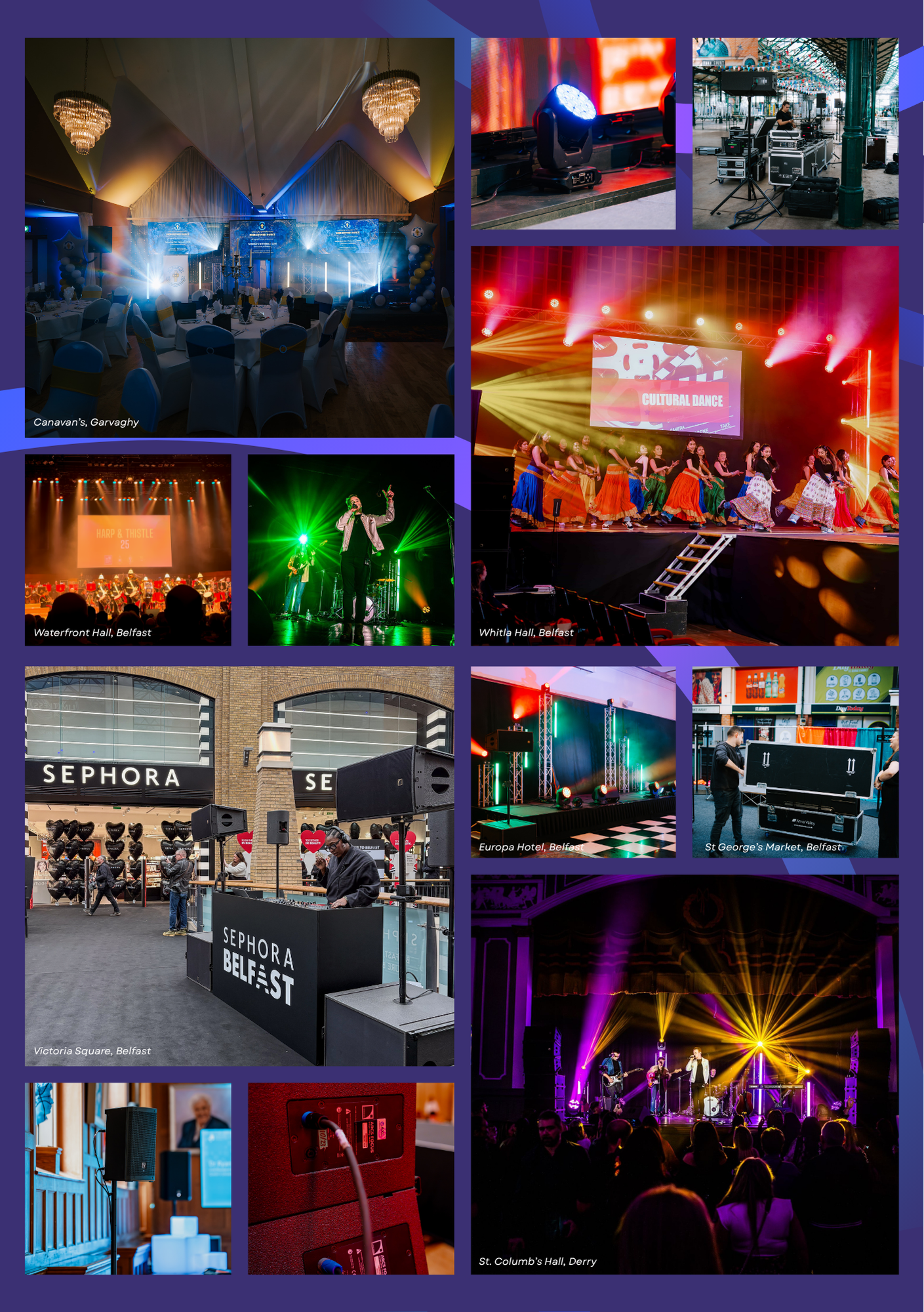 Collage of event and entertainment scenes, including stage performances, DJ setups, lighting equipment, concert venues, a fashion display outside Sephora, and a speaker system.