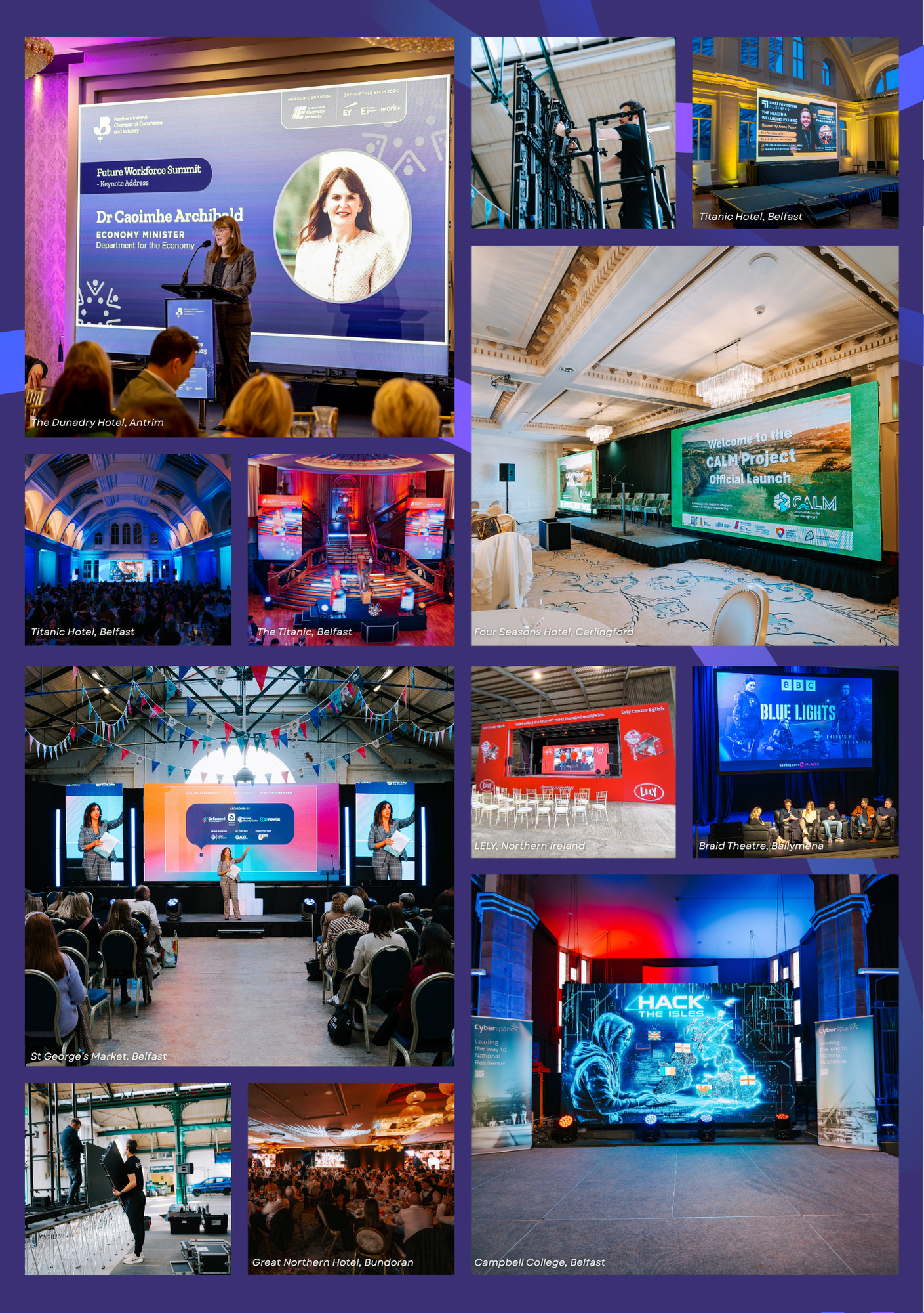Collage of various conference and event scenes in Belfast and nearby locations, including keynote presentations, stage setups, audience seating, panel discussions, and event branding at different venues.