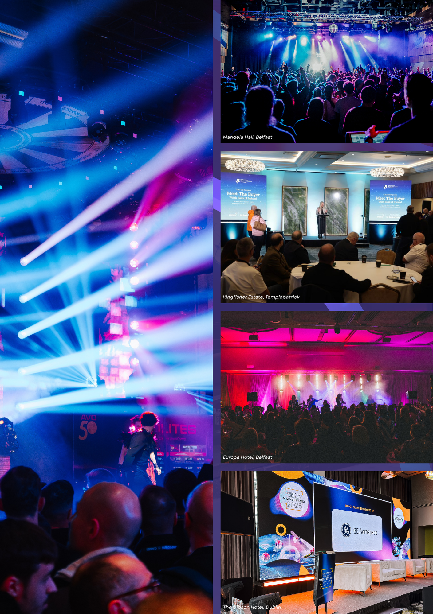 Collage of various scenes from conferences and events in Belfast and Dublin, including a concert with colorful stage lights, a business presentation at Kingfisher Estate, a live music performance at Europa Hotel, a large crowd at a concert, and a cor
